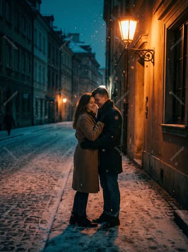 Couple Embracing On Snowy New Year's Eve Street