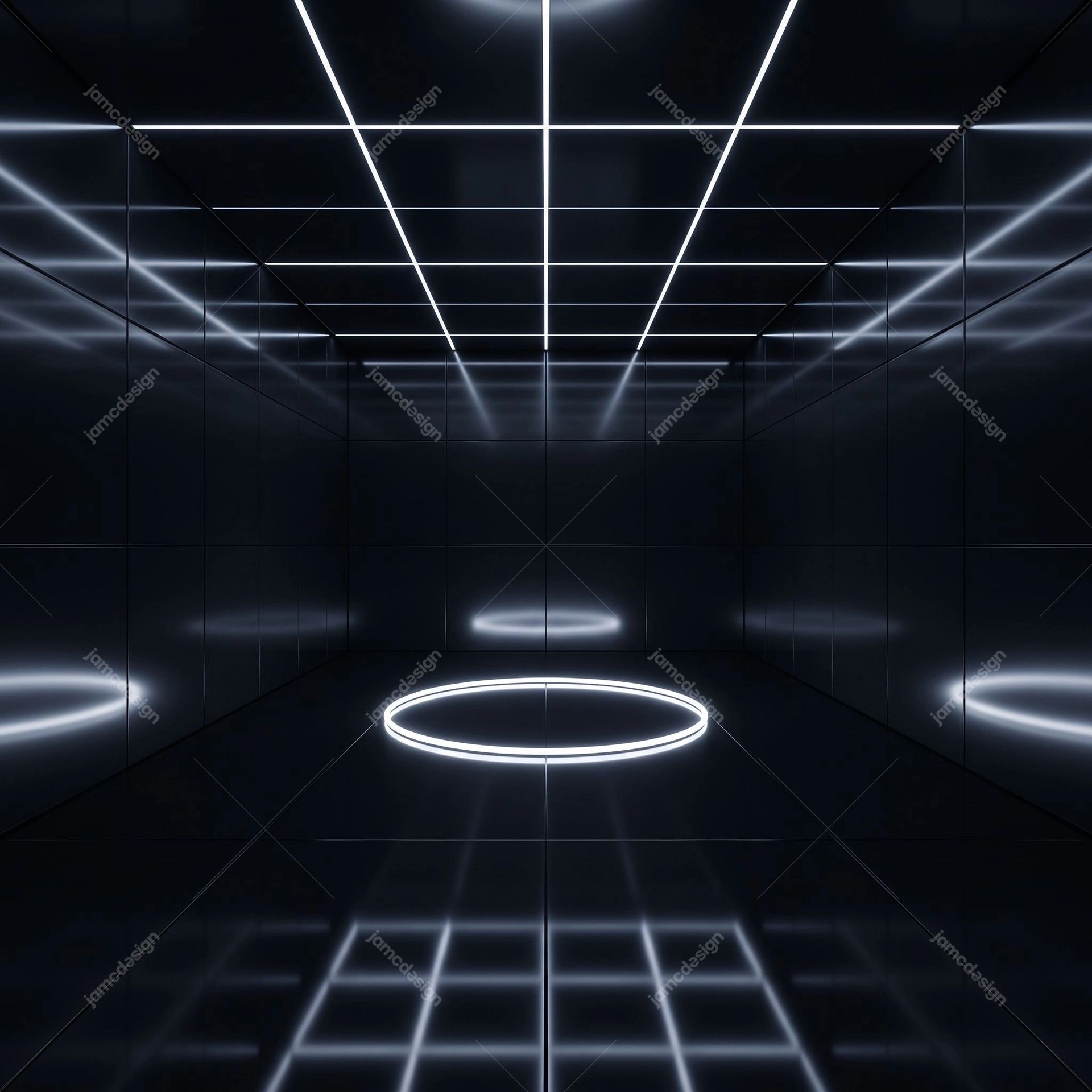 Dark Futuristic Grid Room Background. Download this JPG background showing a dark futuristic room with a reflective grid