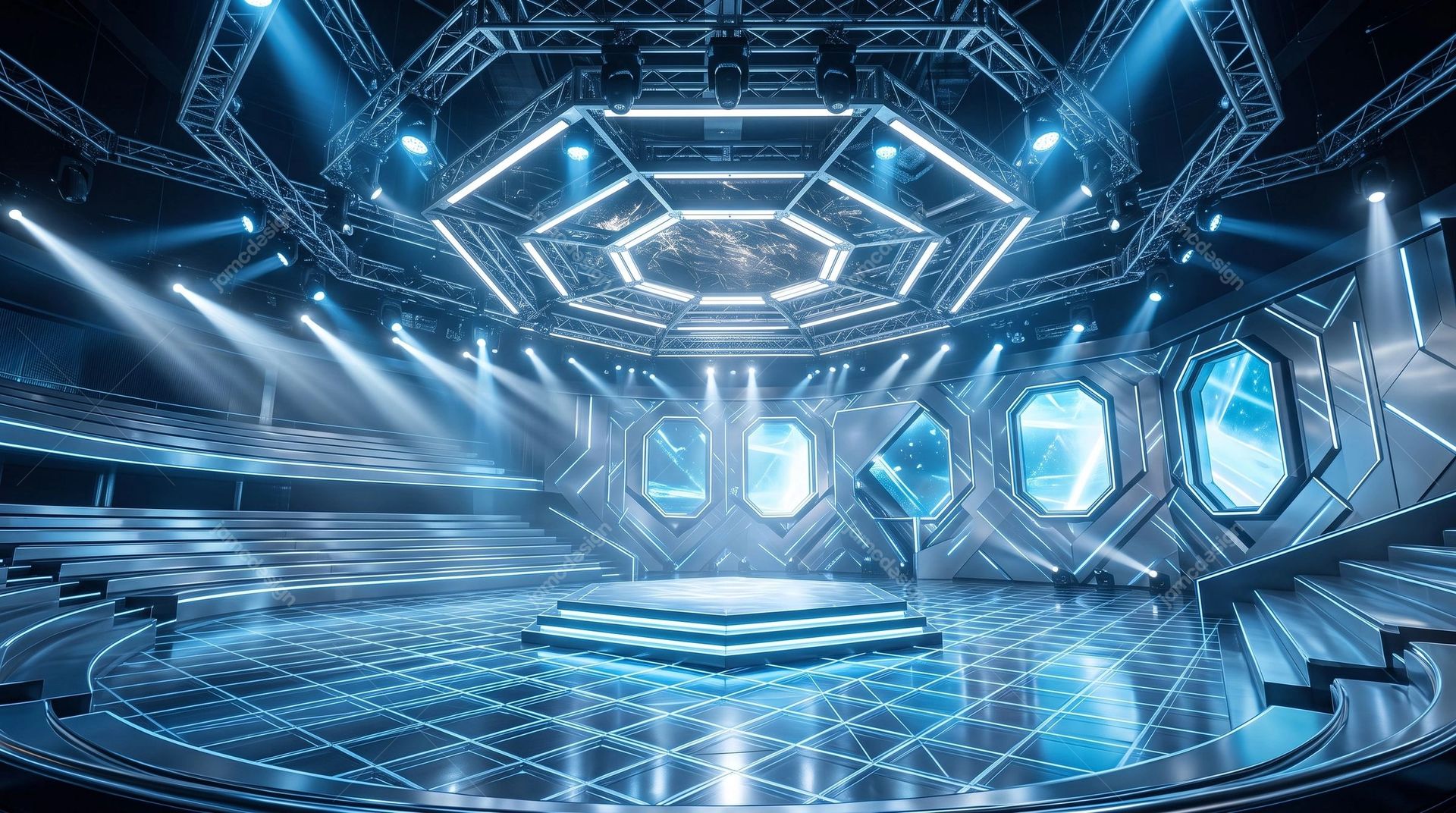 Futuristic Blue Sci-Fi Arena Background. Download this JPG background showing a futuristic blue arena interior with hexagonal light structures