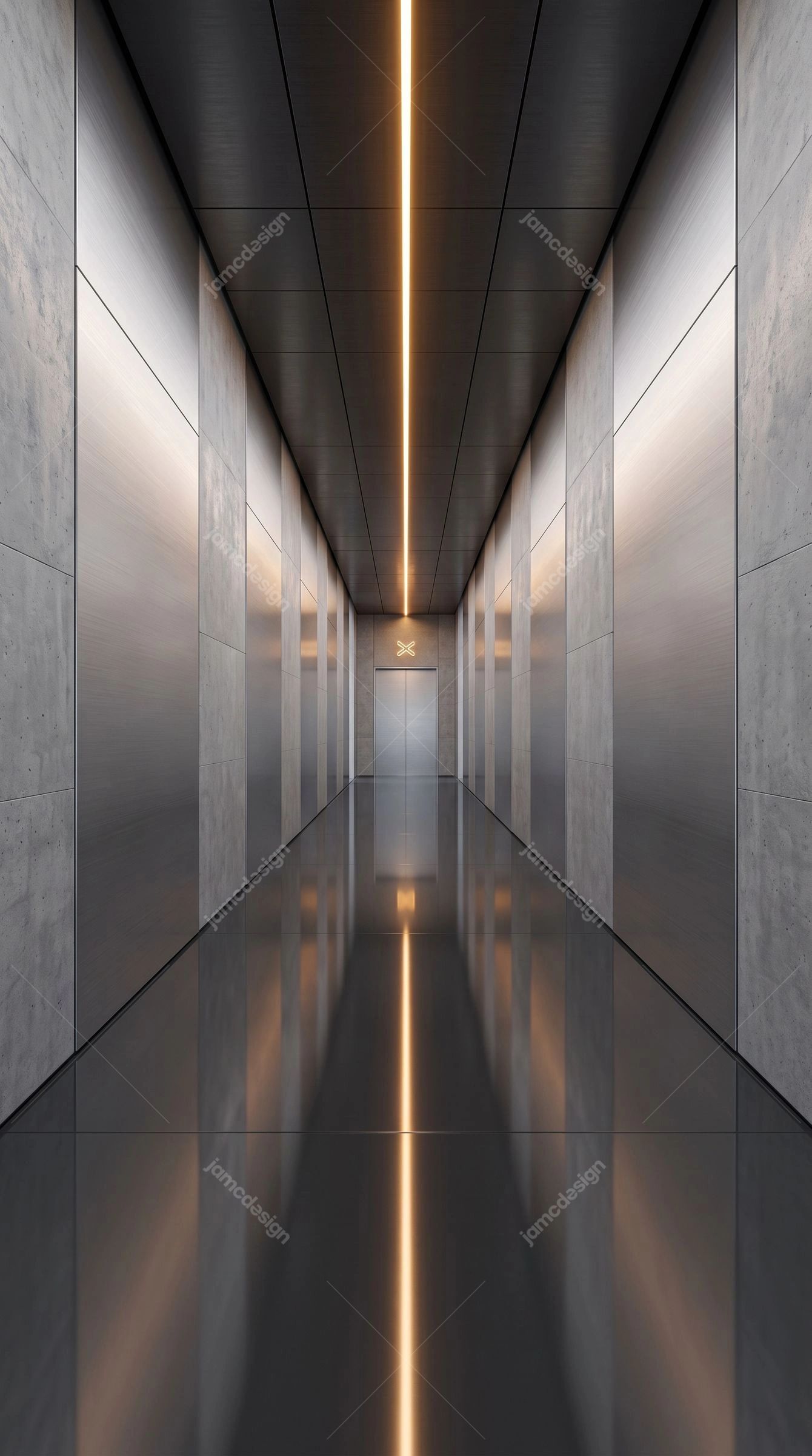 Minimalist Metallic Corridor Background With Mirrored Floor. Download this JPG corridor background showing a minimalist metallic interior with mirrored