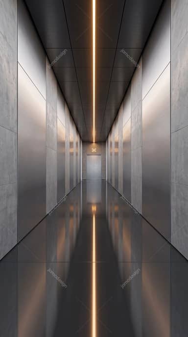 Minimalist Metallic Corridor Background With Mirrored Floor