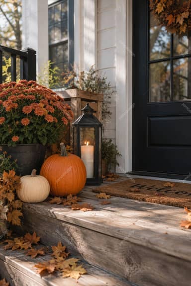 Autumn Front Porch With Pumpkins And Lantern