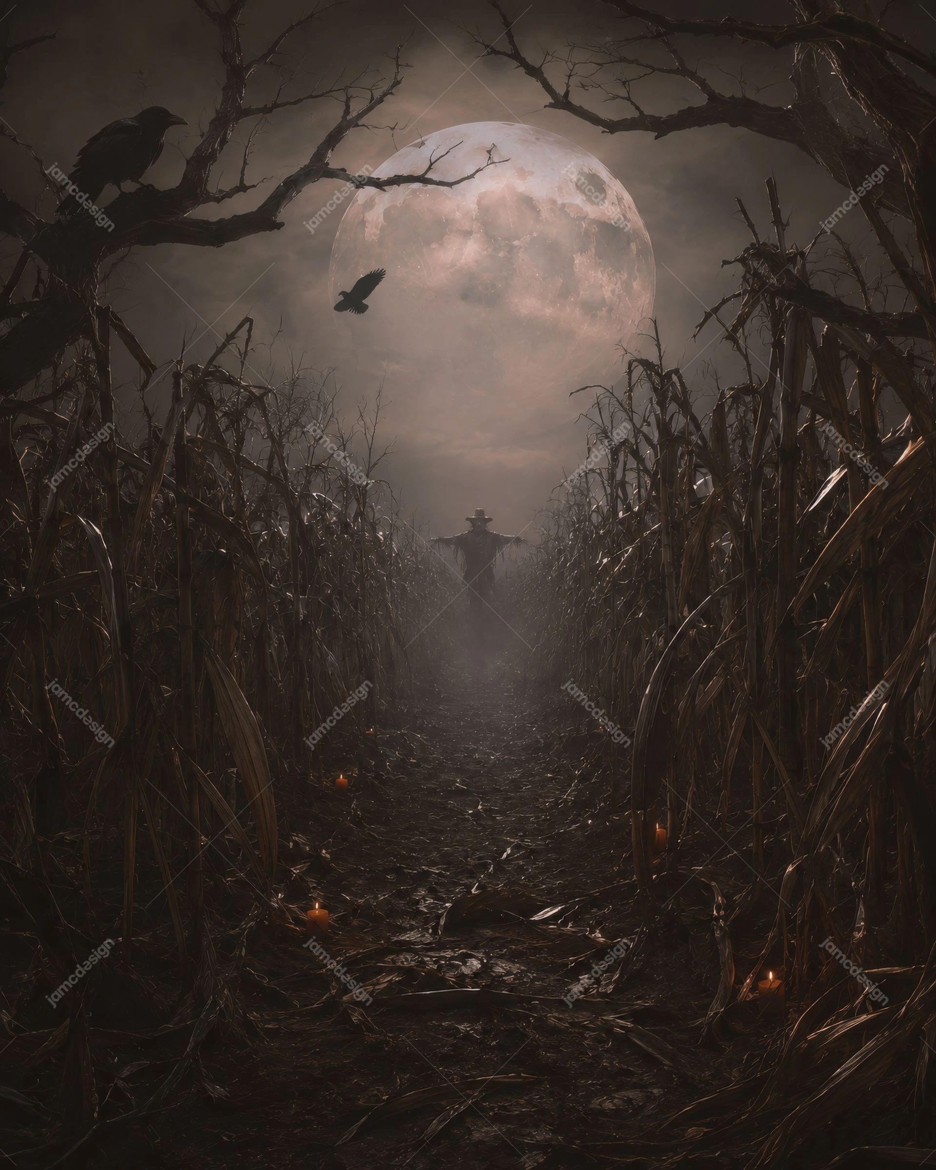Fundo De Halloween Com Espantalho, Plantação De Milho E Lua Cheia. Fundo em JPG de um caminho escuro entre plantações de milho sob uma enorme lua cheia