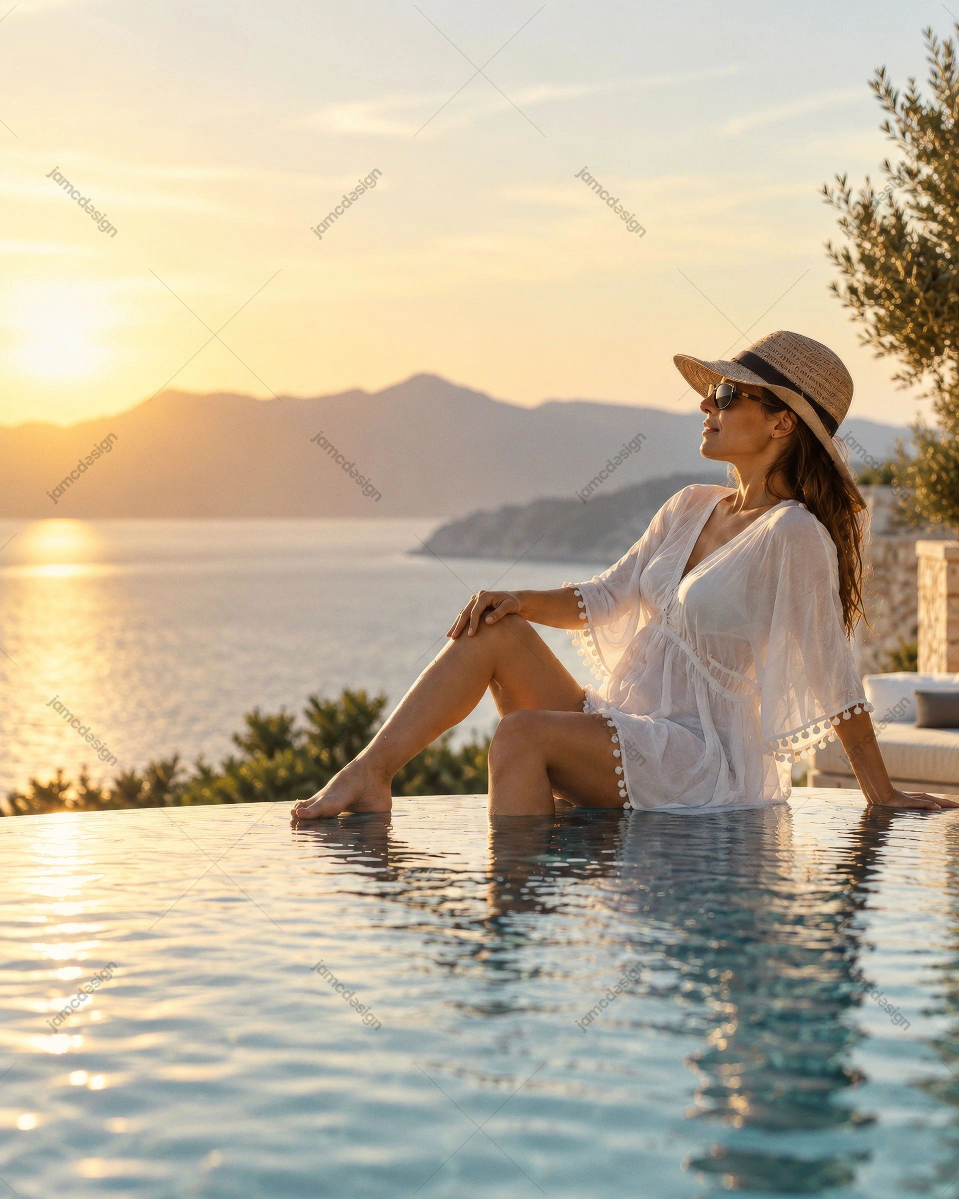 Woman Relaxing In An Infinity Pool With Mountain Scenery. Download this JPG photo of a woman relaxing in an infinity pool at sunset, with warm golden light
