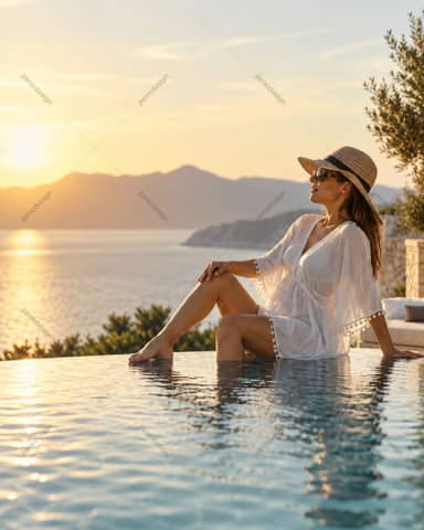 Woman Relaxing In An Infinity Pool With Mountain Scenery