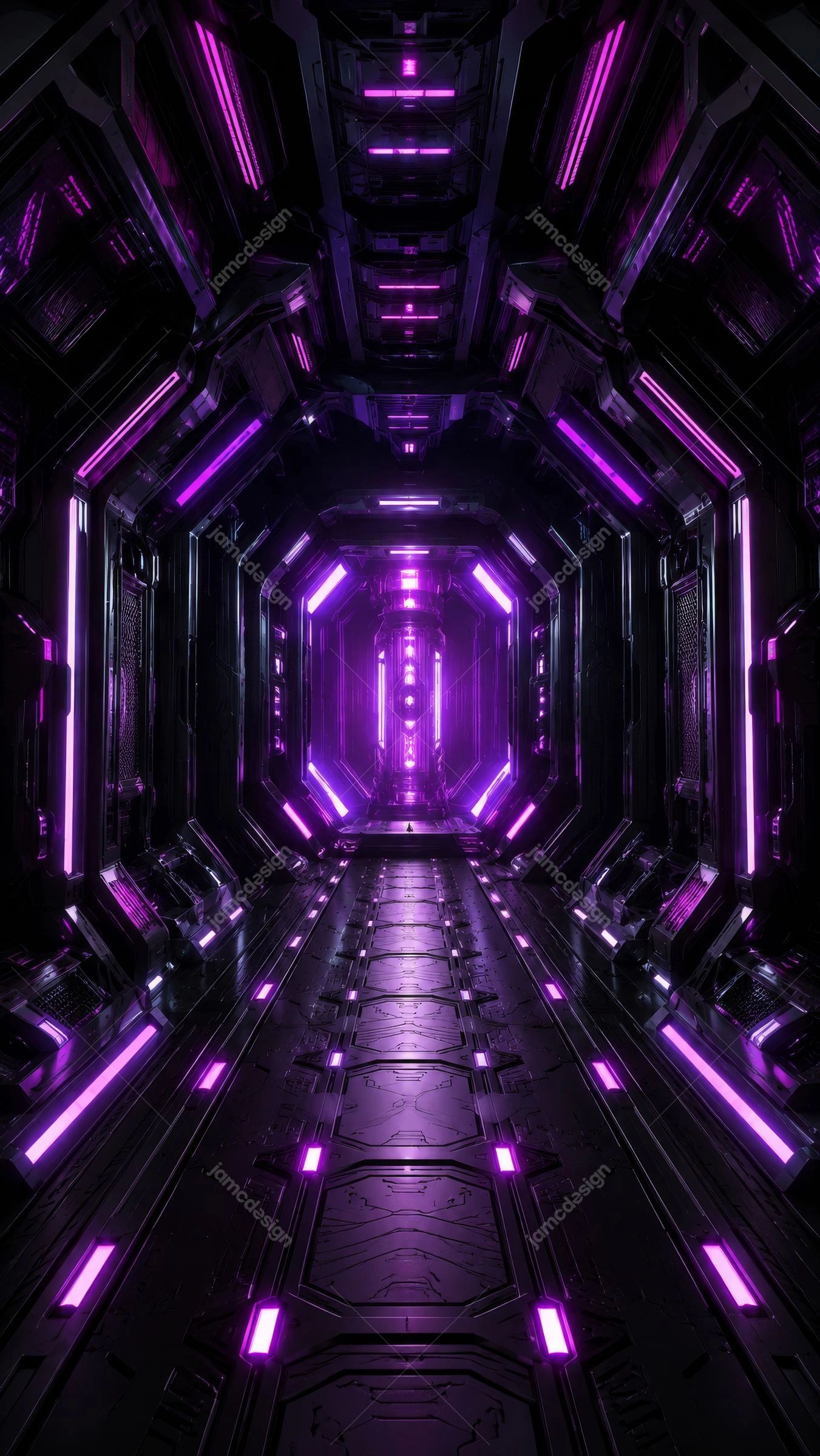 Fondo De Corredor Cibernético De Neón Verde. Fondo JPG que representa un corredor futurista de ciencia ficción con paneles metálicos angulares repetidos