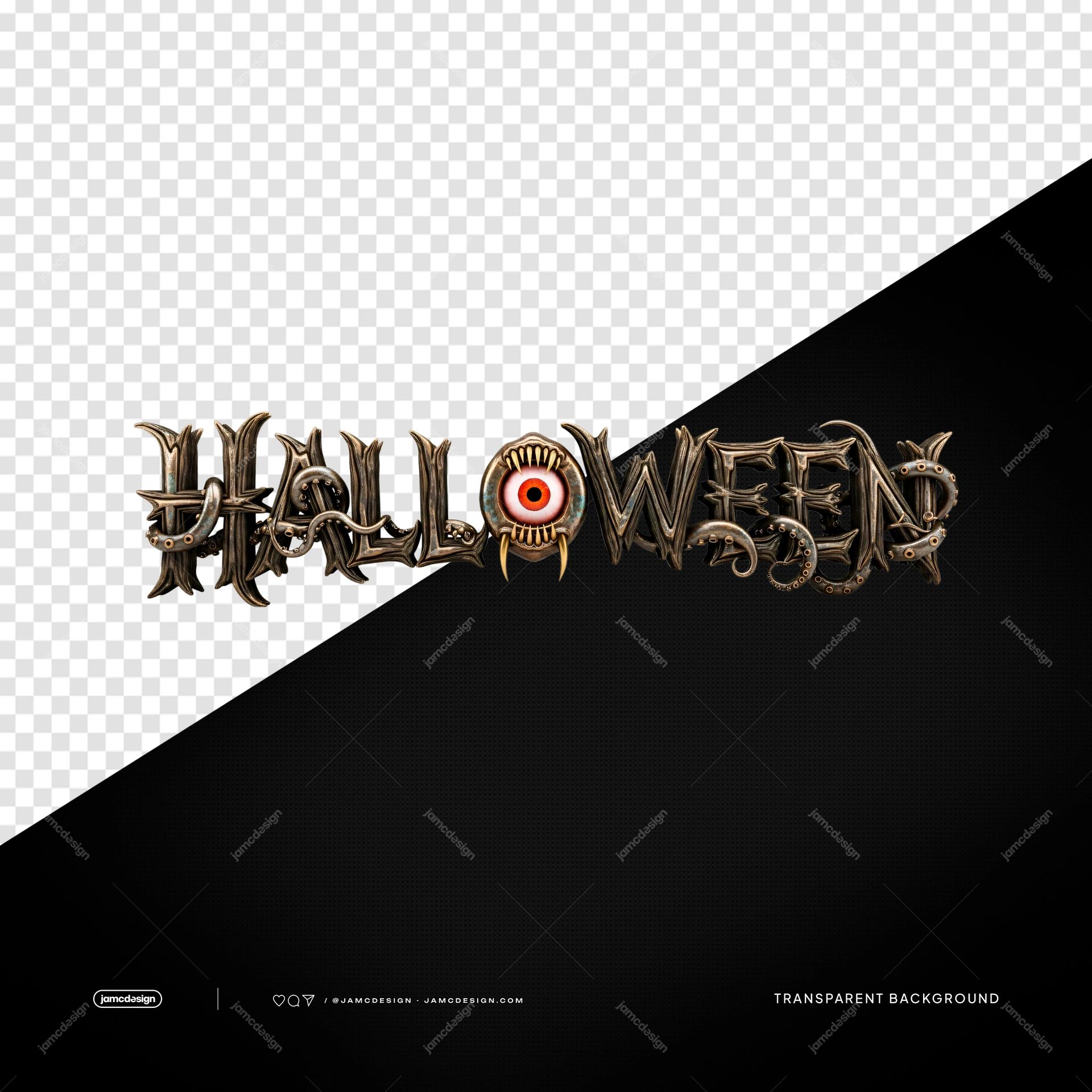 Halloween Dripping Horror Text Metallic Eye Lettering PNG Transparent. PNG transparent object featuring ornate Halloween horror lettering with metallic