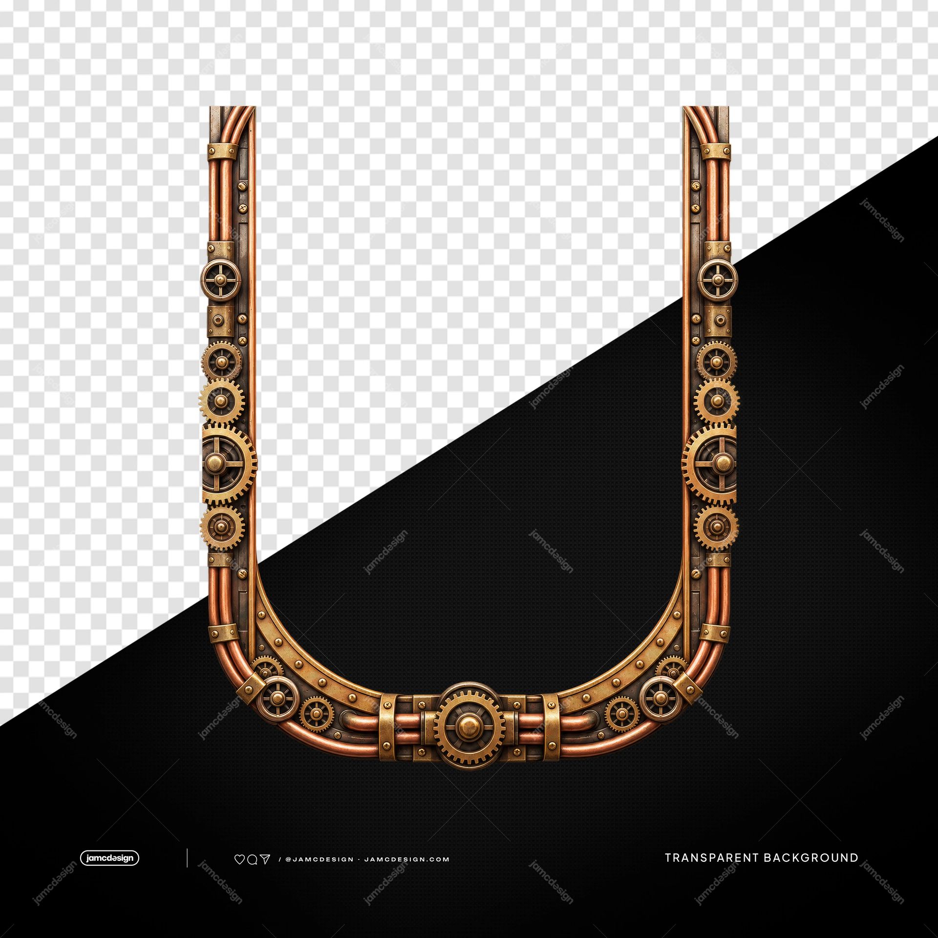Steampunk Gear Frame With Rounded Bottom PNG. Download this PNG transparent object featuring a steampunk rounded bottom frame built from copper and brass metal