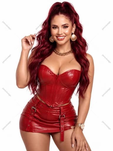 Red-Haired Woman In Buckled Red Leather Mini Skirt Portrait
