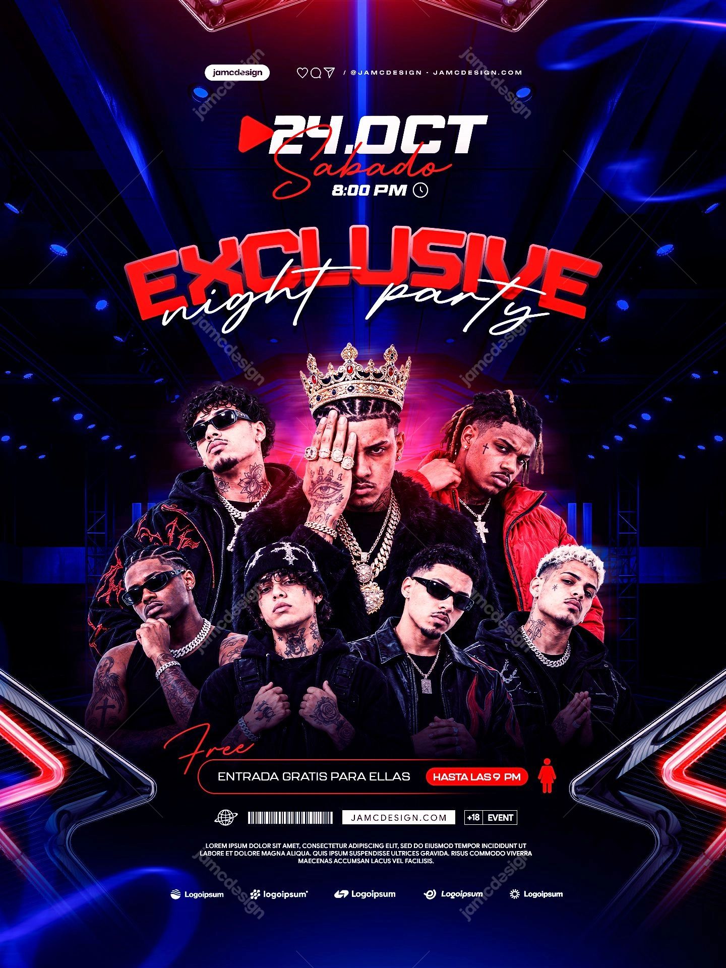 Neon Lights Night Party Flyer Template PSD. This editable PSD event flyer features a group of men surrounding a crowned central figure