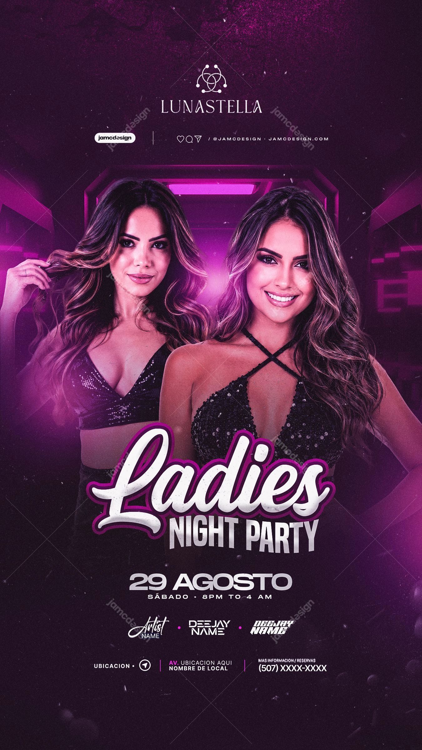 Ladies Night Story Magenta Model Portraits Event Flyer PSD. Editable PSD template for a ladies night event flyer featuring two female models in a magenta