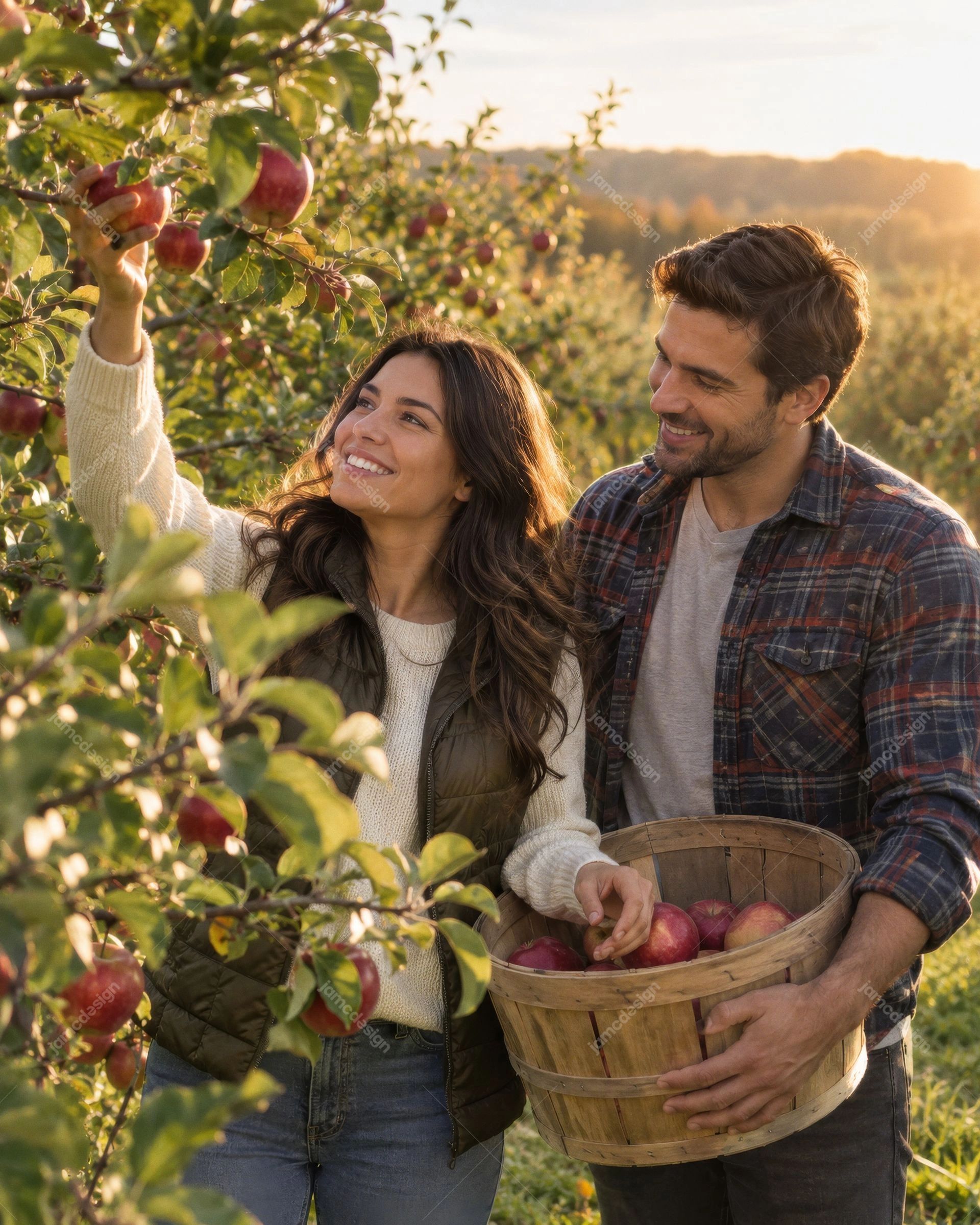 Pareja Recolectando Manzanas Frescas En Huerto Otoñal. Descarga esta foto JPG de una pareja recogiendo manzanas frescas en un huerto otoñal iluminado