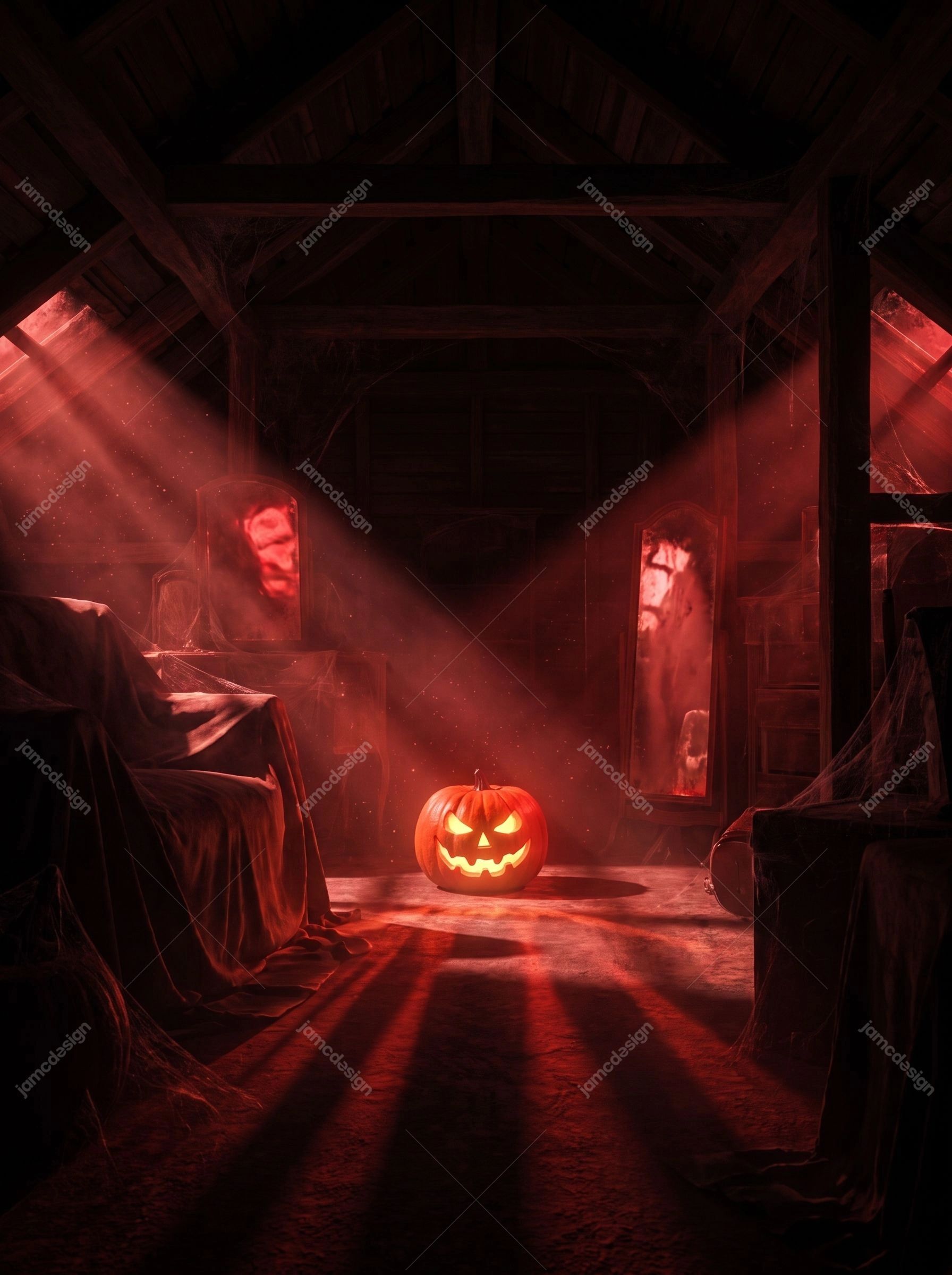 Glowing Jack-O-Lantern In Haunted Attic Red Pumpkin Room Background. JPG background showing a dark haunted attic room with timber beams, draped furniture