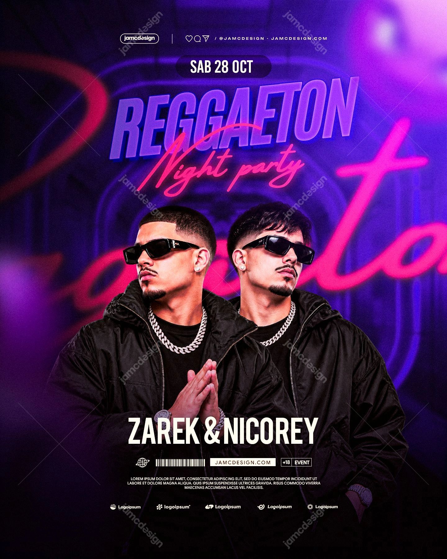 Reggaeton Night Flyer Template PSD In Purple Neon. Editable PSD event flyer template for a reggaeton night
