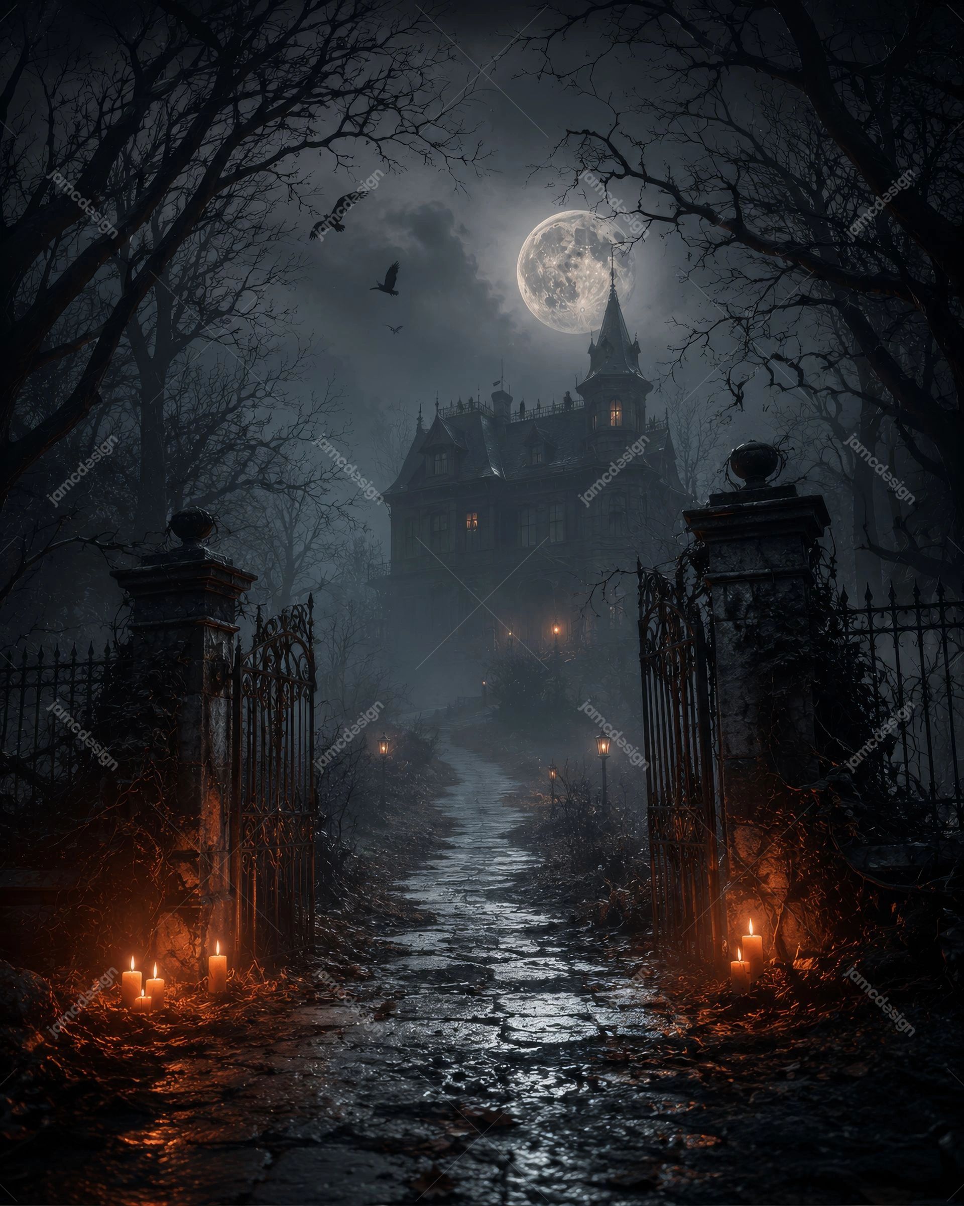 Haunted Mansion Gate Full Moon Halloween Background. JPG background showing a haunted mansion beyond an open iron gate