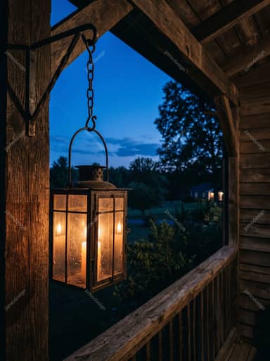 Hanging Candle Lantern On A Rustic Wooden Porch