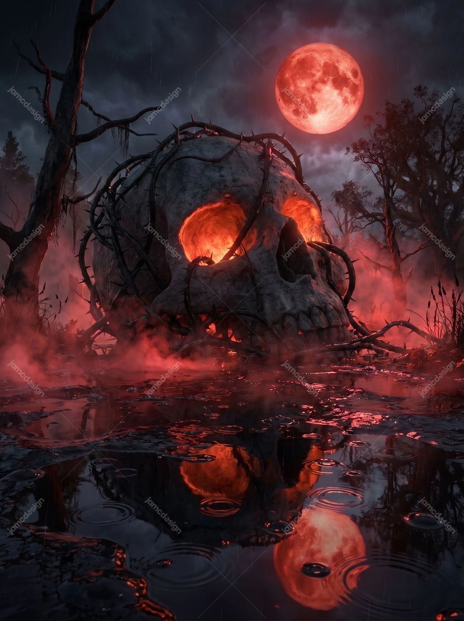 Giant Skull Red Moon Swamp Crimson Fog Background. Dark fantasy background supplied as a JPG, showing a giant skull wrapped in thorny branches beneath