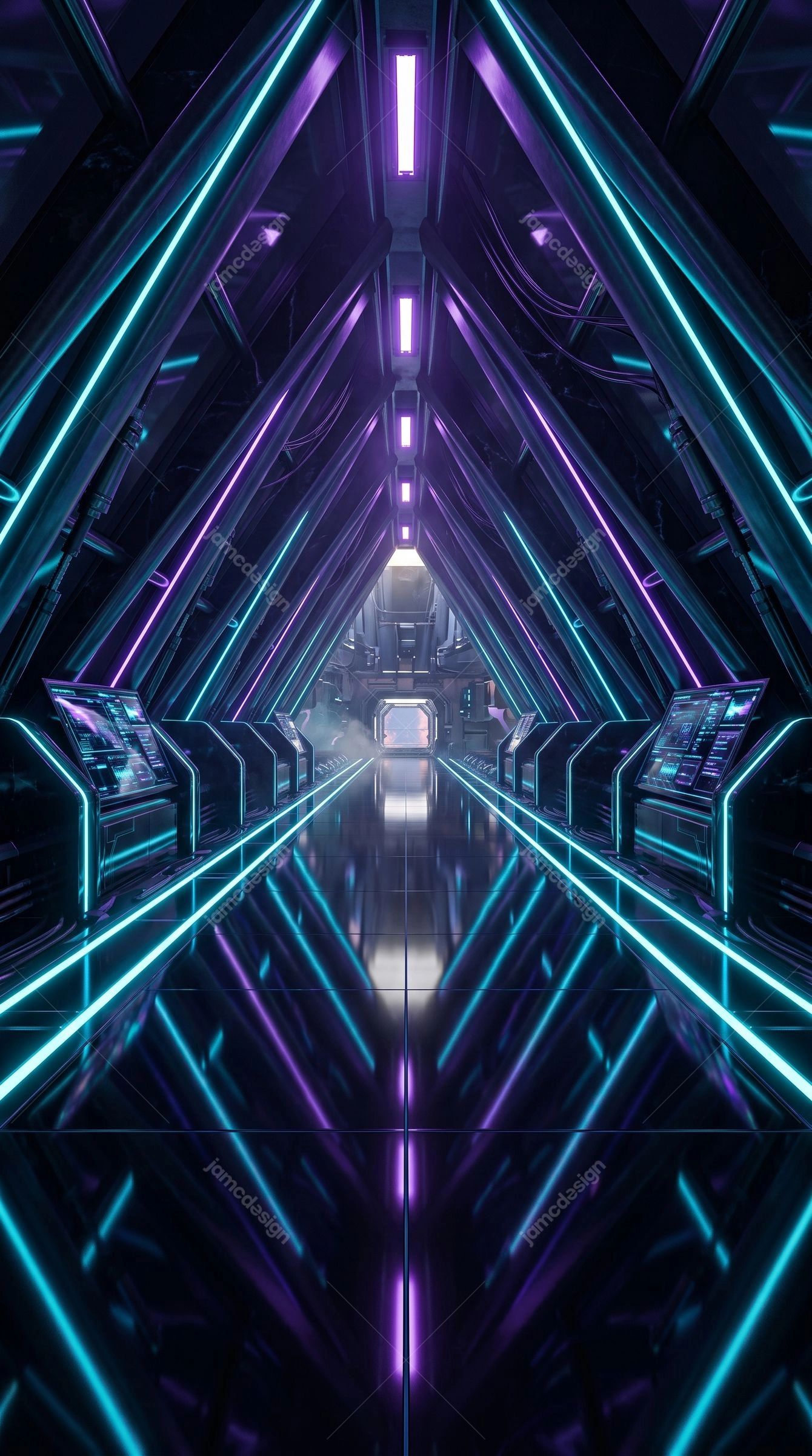 Cyan And Purple Sci-Fi Corridor Background. Download this JPG background showing a futuristic triangular corridor with cyan and purple neon lines