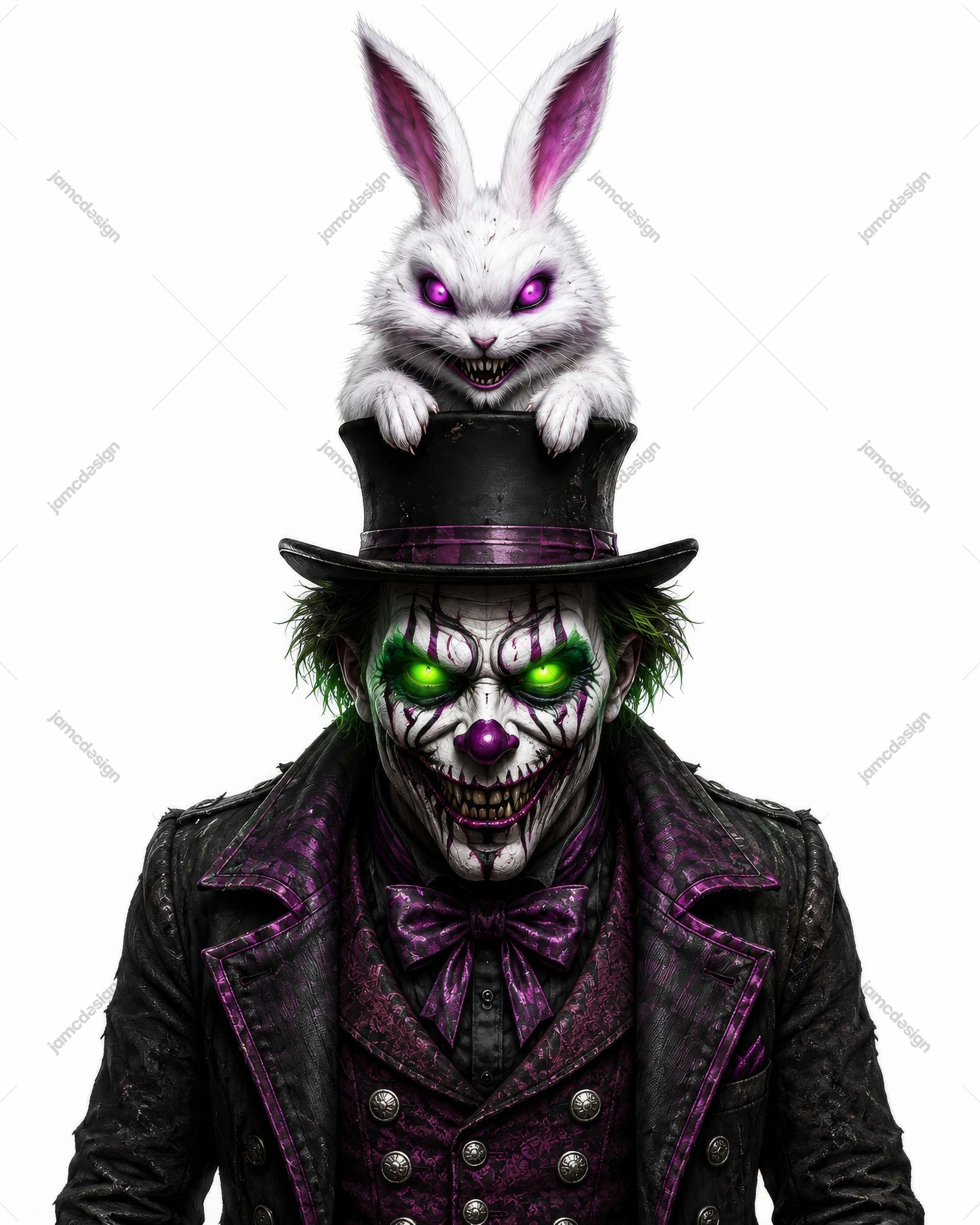 Evil Clown With Creepy Rabbit Horror Character. JPG photo of an evil clown with a sinister rabbit perched on his hat