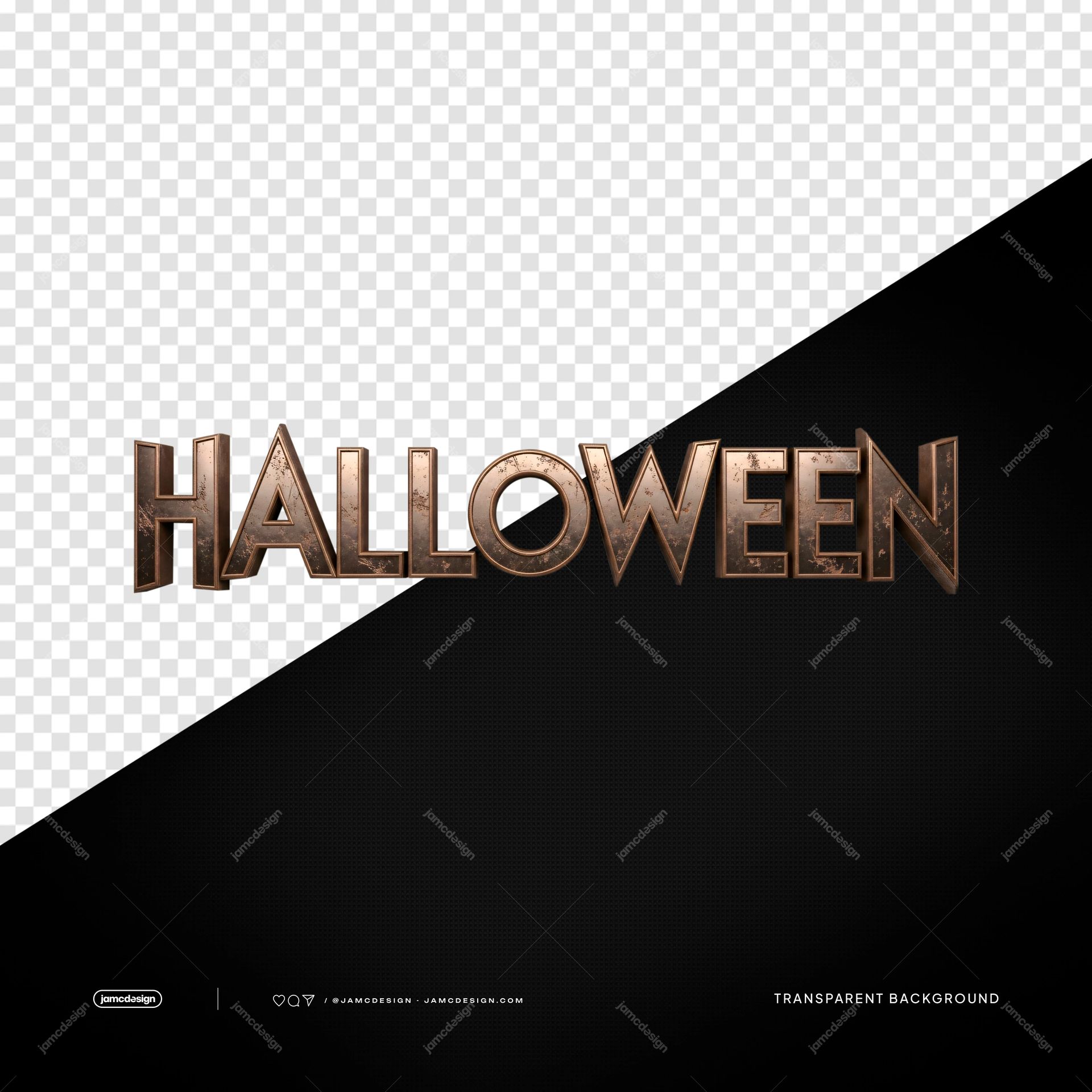 Halloween Metallic 3D Text PNG Transparent. Transparent PNG object featuring bold Halloween 3D lettering with beveled metallic surfaces