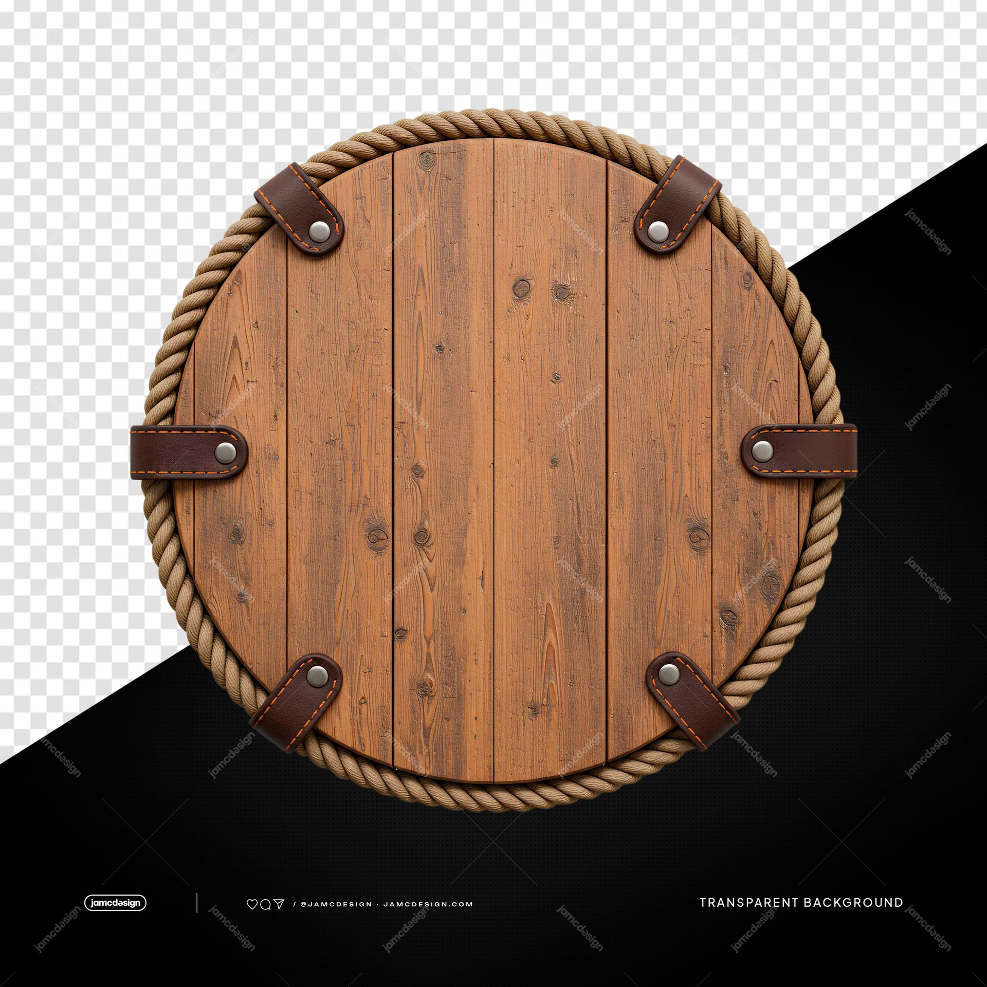 Rustic Wood Round Plaque With Rope Border PNG Transparent. Round wooden plaque supplied as a PNG transparent object, featuring timber boards