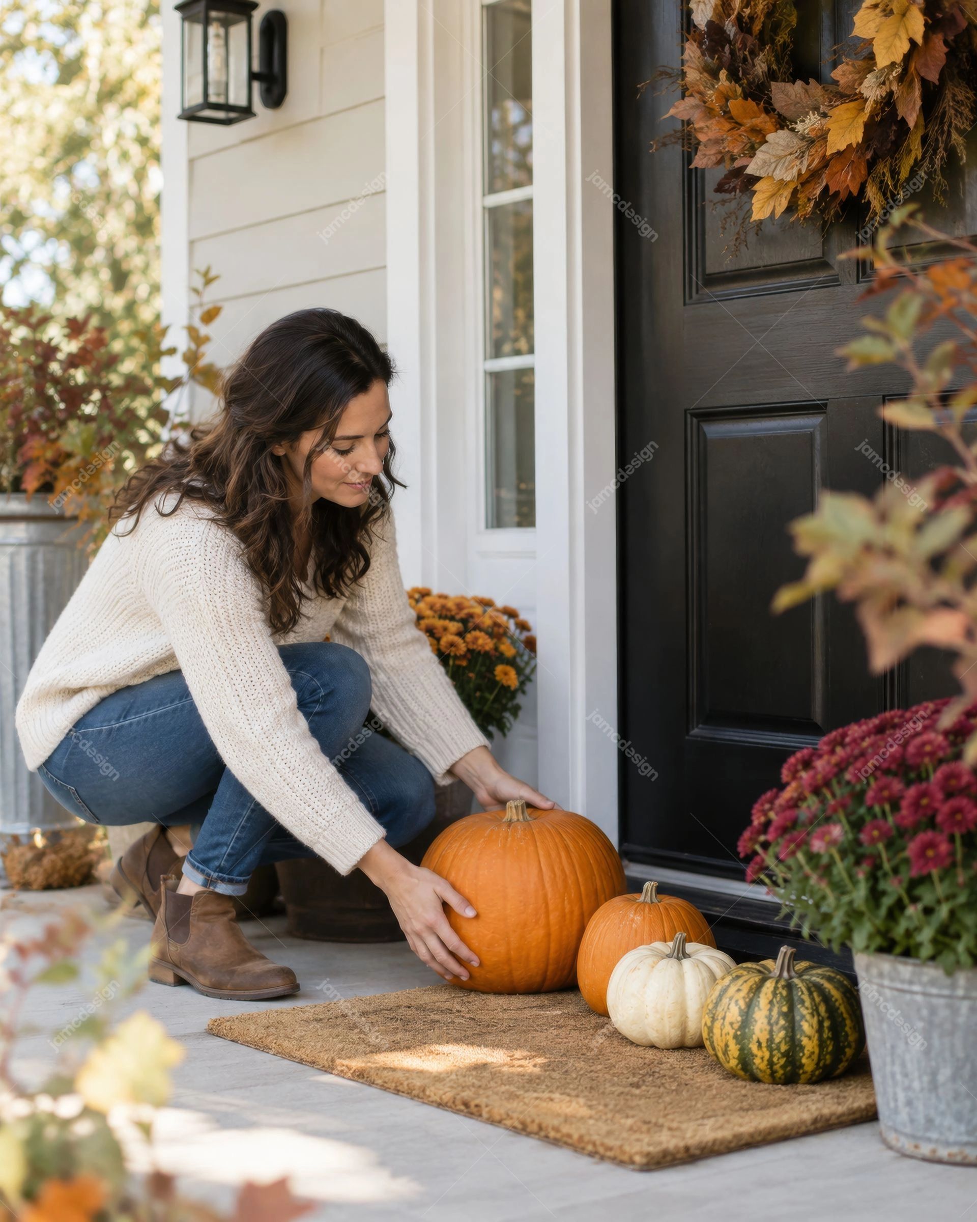 Photo D’Une Femme Décorant Un Porche Automnal Avec Des Citrouilles. Téléchargez cette photo JPG d’une femme disposant des citrouilles sur le perron automnal