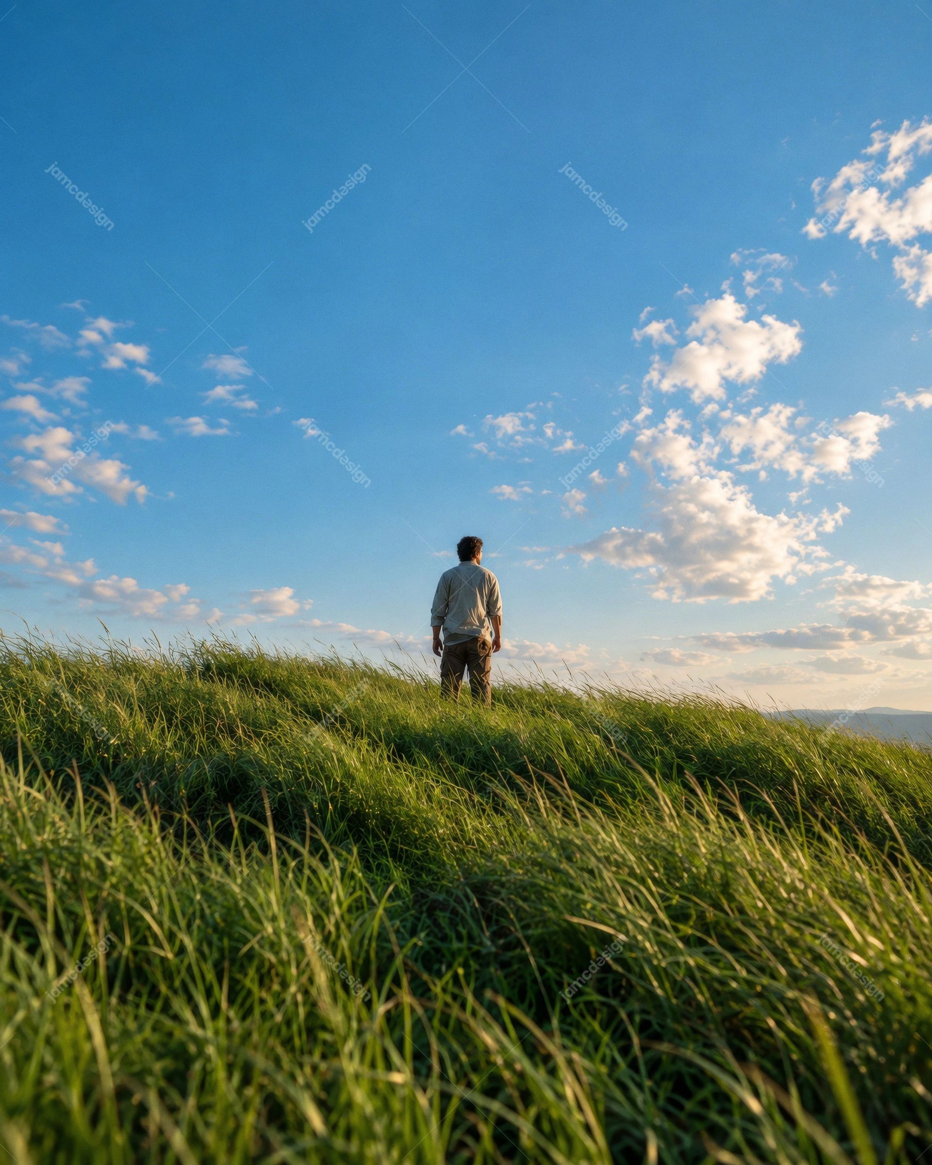 Man Standing On A Grassy Hill Under A Blue Sky. Download this JPG photo of a man standing on a grassy hill beneath a bright blue sky with scattered clouds