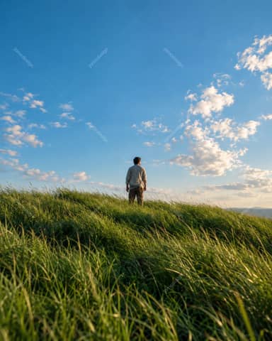 Man Standing On A Grassy Hill Under A Blue Sky