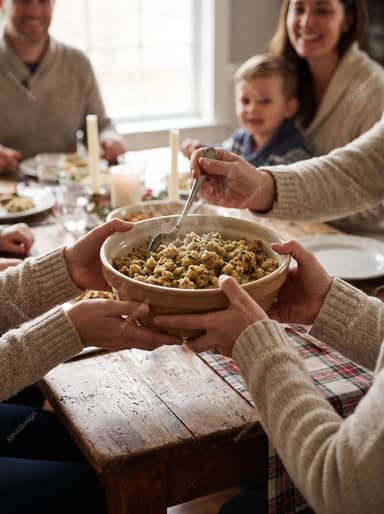 Family Sharing Stuffing At Thanksgiving Dinner
