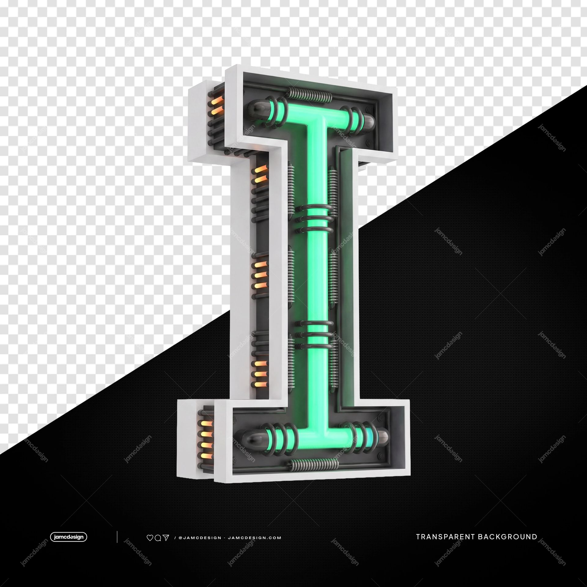 3D Futuristic Industrial Neon Letter I PNG Transparent Background. 3D rendered letter I supplied as a PNG on a transparent background