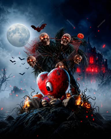 Halloween Background With A Red Heart Character And Skulls