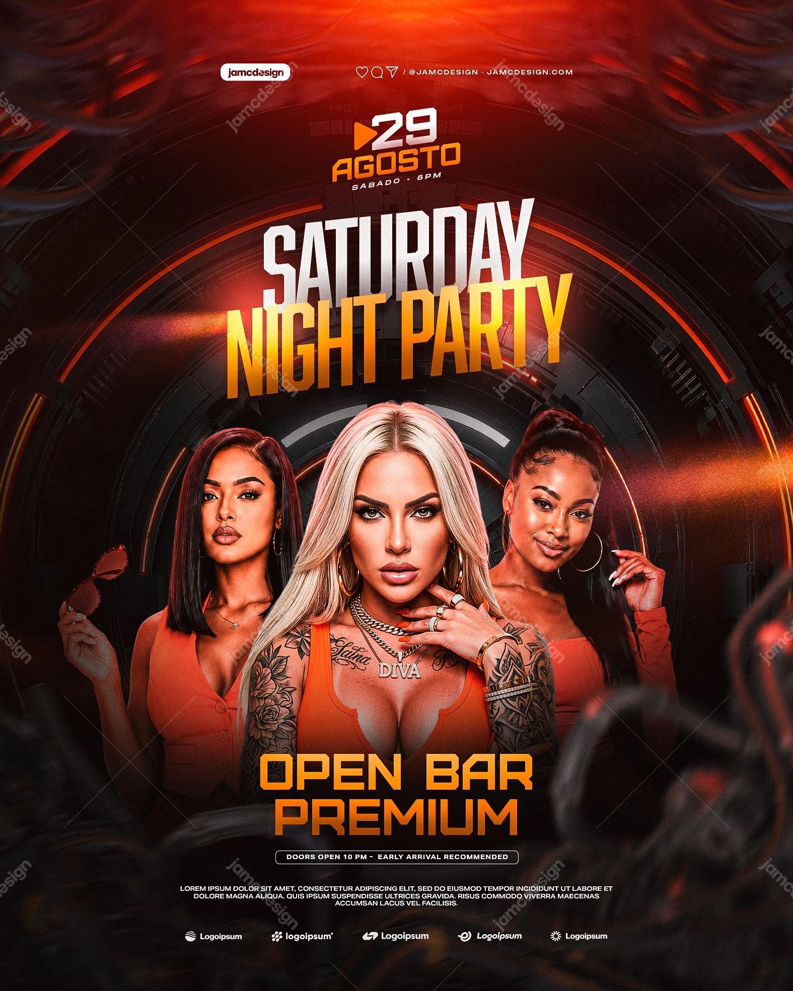 Saturday Night Party Flyer With Orange Glow PSD. Editable PSD event flyer template for a Saturday night party