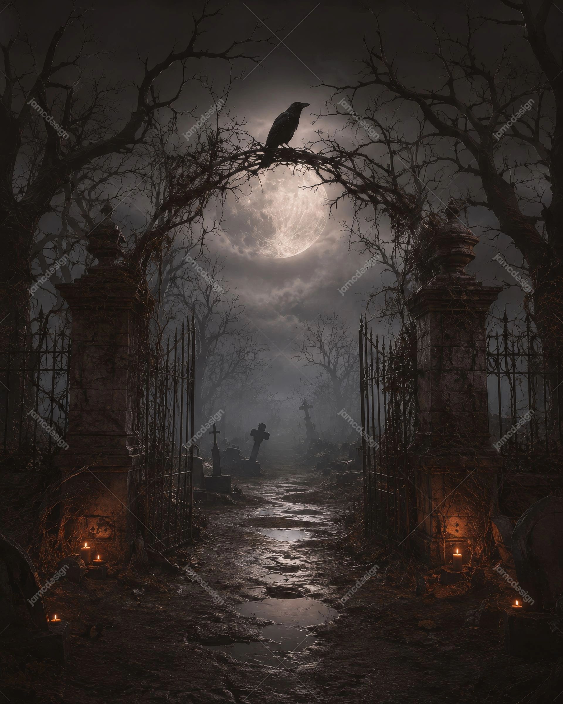 Haunted Cemetery Gate With Raven Halloween Background. JPG background showing a haunted cemetery gate beneath a full moon, with a raven on a bare branch