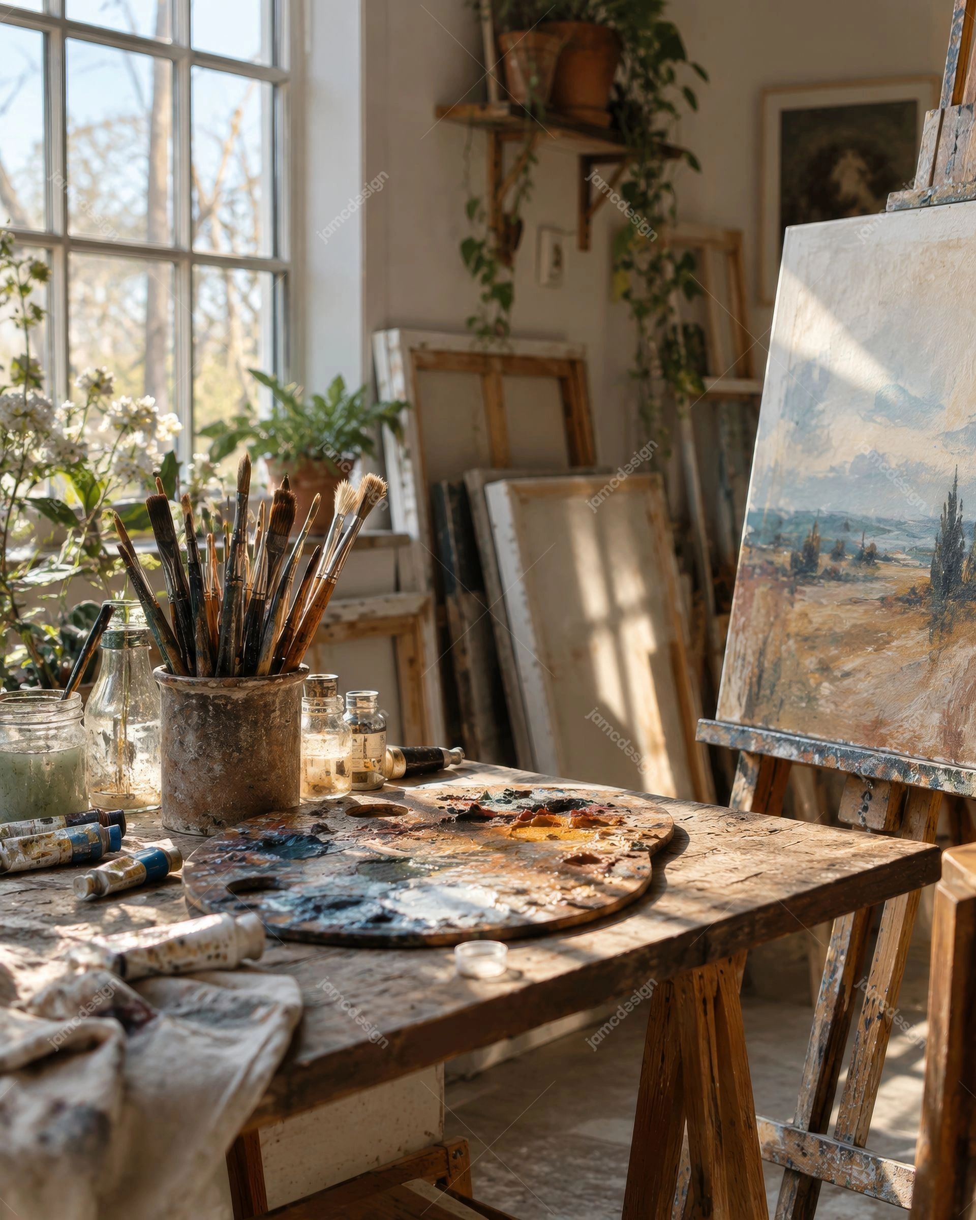 Table De Peinture En Atelier Avec Palette Et Pinceaux. Cette photo JPG montre une table d’atelier artistique baignée de soleil, avec des pinceaux, une palette