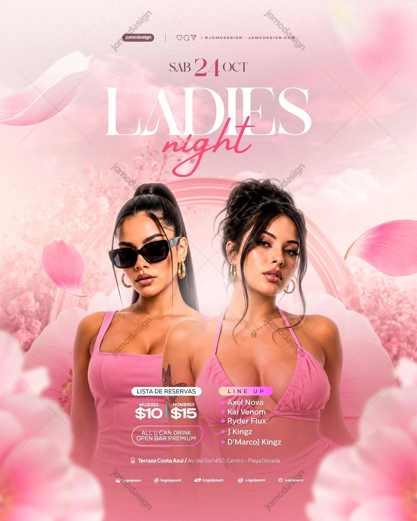 Ladies Night Floral Flyer Template PSD. This editable PSD event flyer features two fashion models against a soft pink floral backdrop