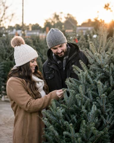 Pareja Eligiendo Un Árbol De Navidad Natural Al Aire Libre