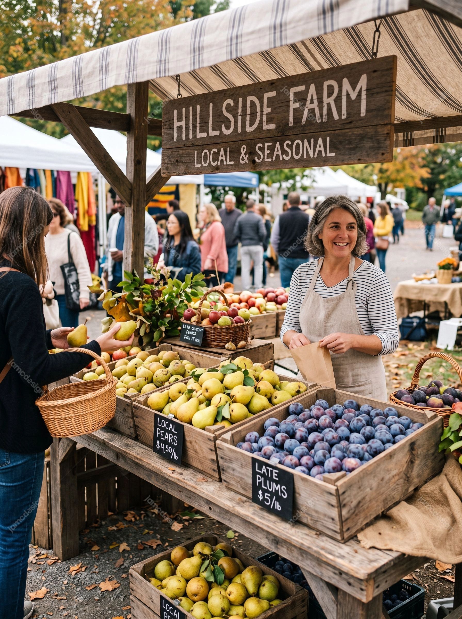 Poires Et Prunes Au Marché De Producteurs. Photo JPG d’un étal animé de marché fermier avec une vendeuse souriante