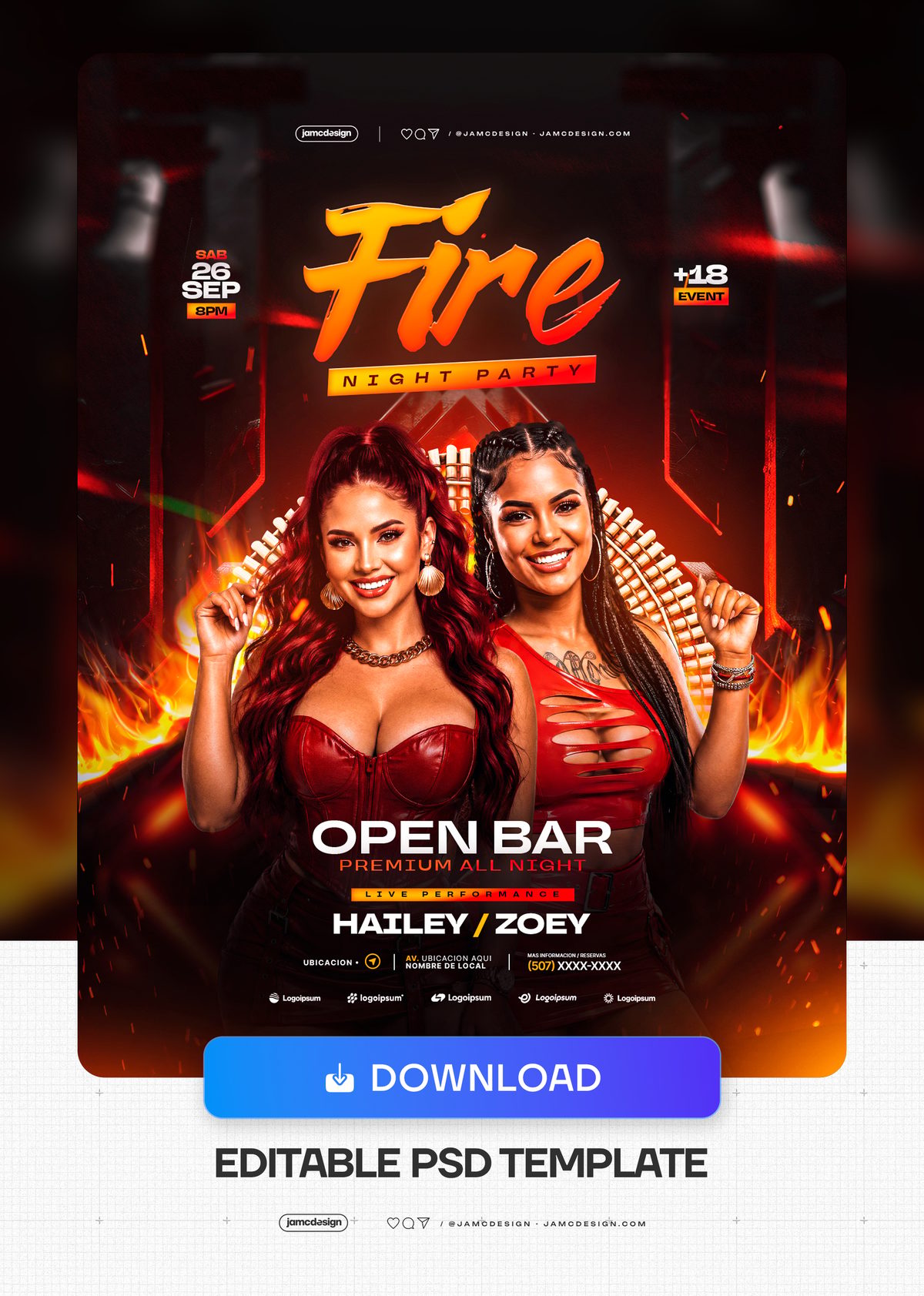 Party Flyer Template With Flames PSD. Download this editable PSD event flyer featuring two women in red outfits amid vivid flames — Additional preview