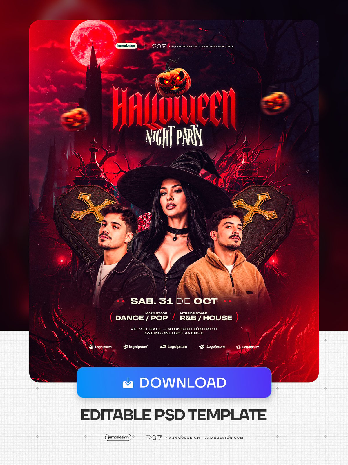 Halloween Party Flyer Template With Red Moon PSD. This editable PSD event flyer features three fashion models, a witch hat — Additional preview