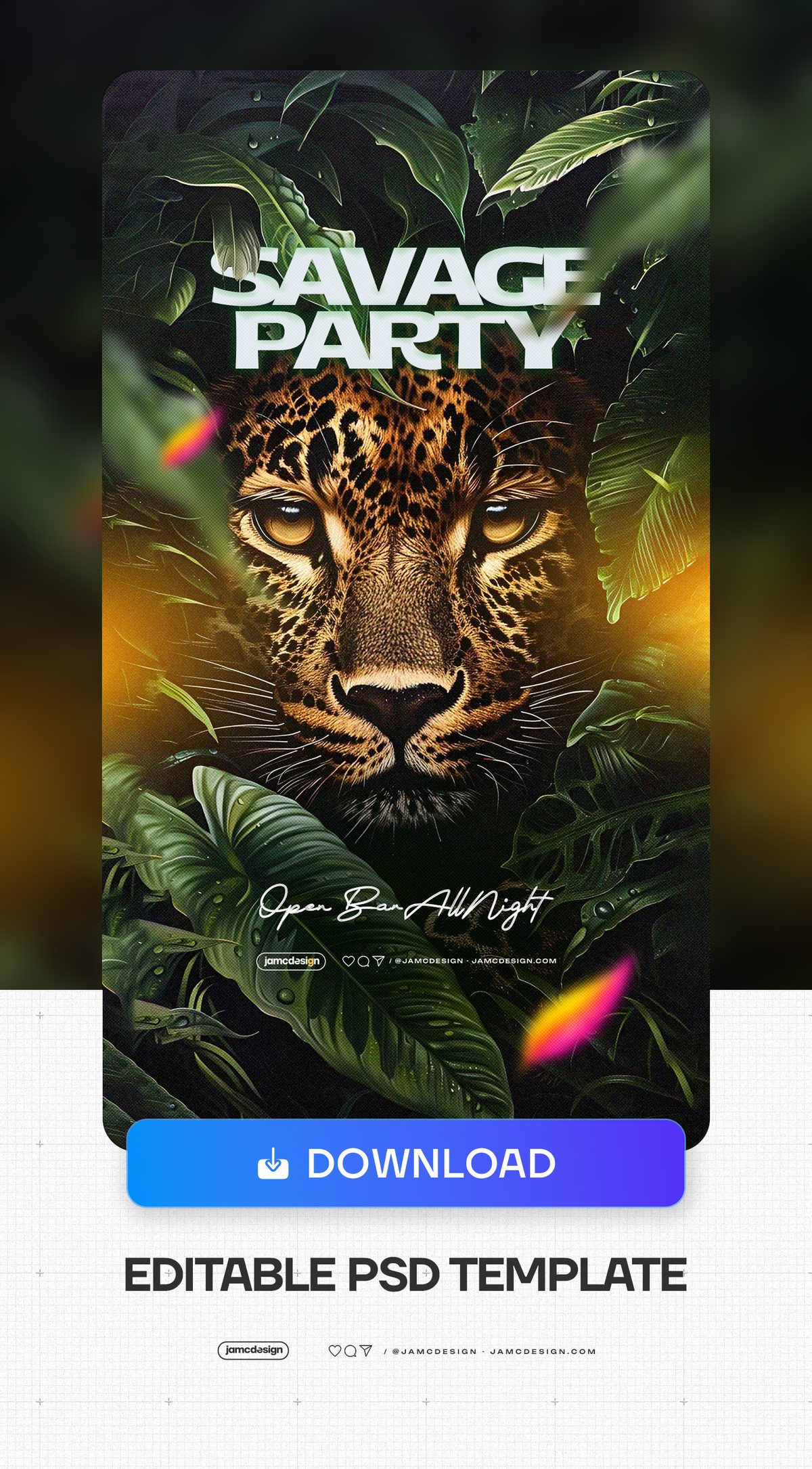 Story Savage Party Flyer Template PSD. Editable PSD template for a night party flyer with a close-up leopard face framed by tropical leaves — Additional preview