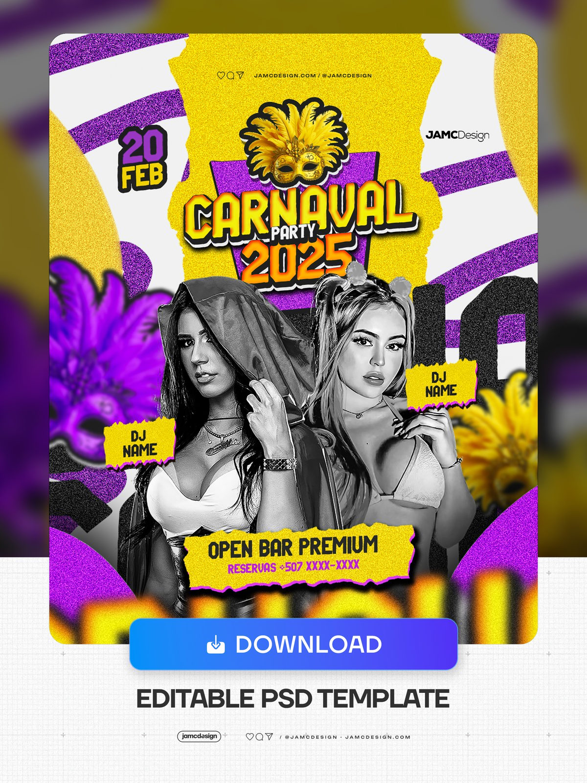 Carnaval Party Flyer Template PSD. Editable PSD template for a carnaval party flyer, with a purple and yellow composition, glittery sunburst background — Additional preview