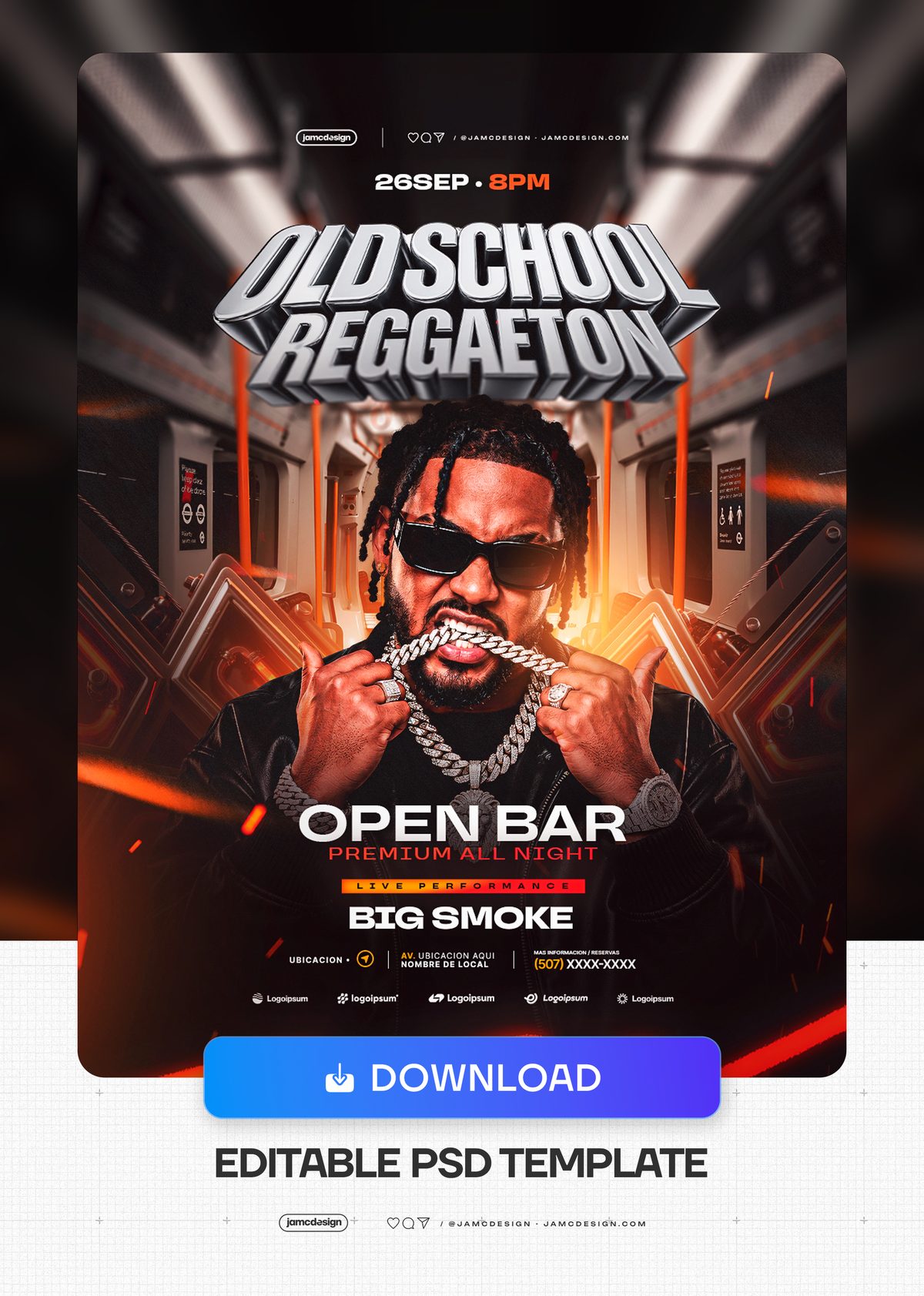 Old School Reggaeton Night Flyer Template PSD. Download this editable PSD event flyer for an old school reggaeton night, featuring a sunglasses wearing man — Additional preview