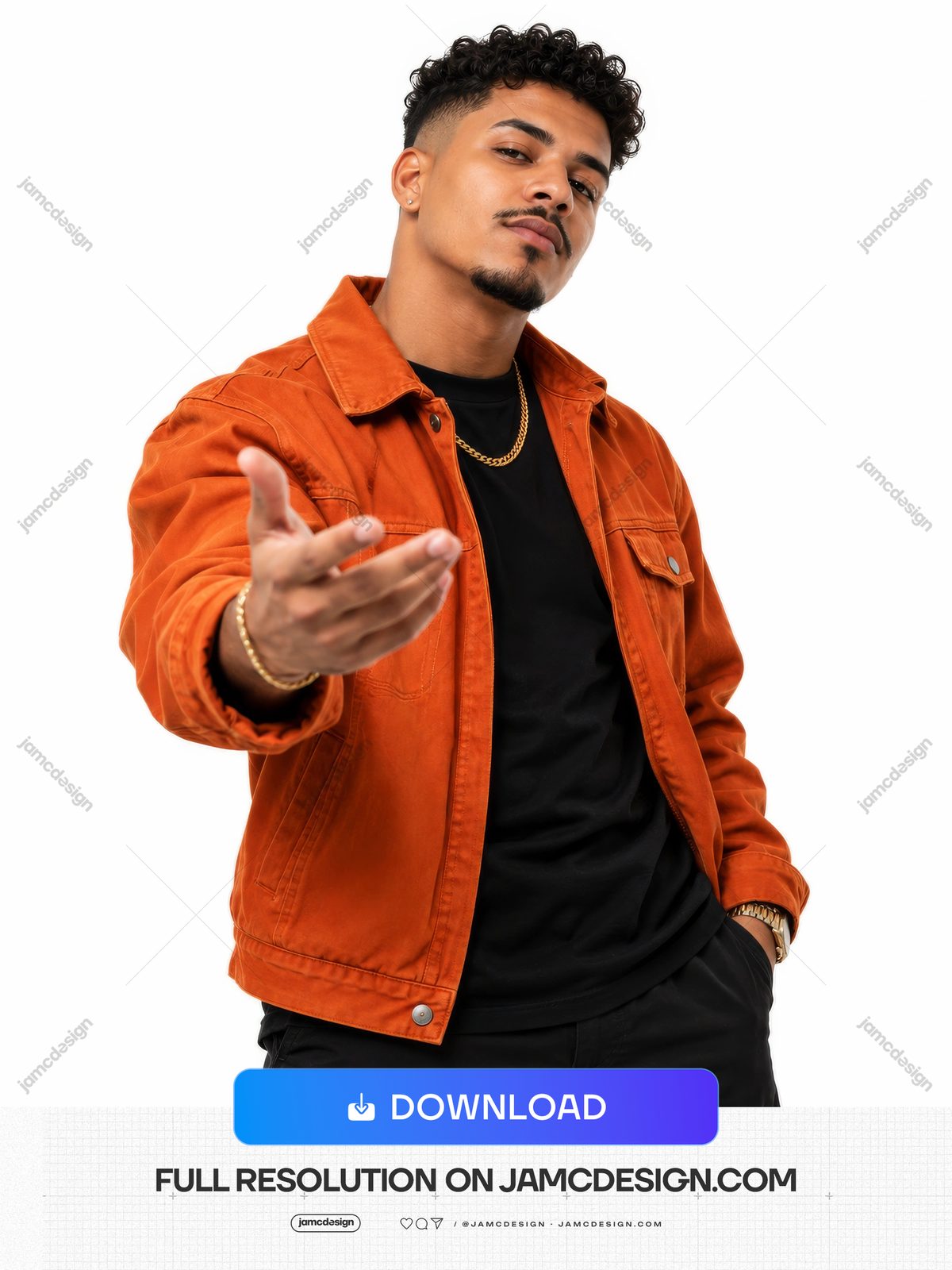 Man In Orange Jacket Against White Background Photo PNG. Download this PNG fashion photo of a curly haired male model in an orange jacket — Additional preview
