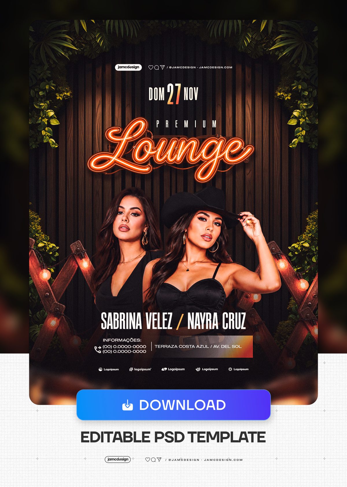 Lounge Event Flyer Template With Greenery PSD. This editable PSD event flyer pairs two women with a dark wood slat backdrop — Additional preview