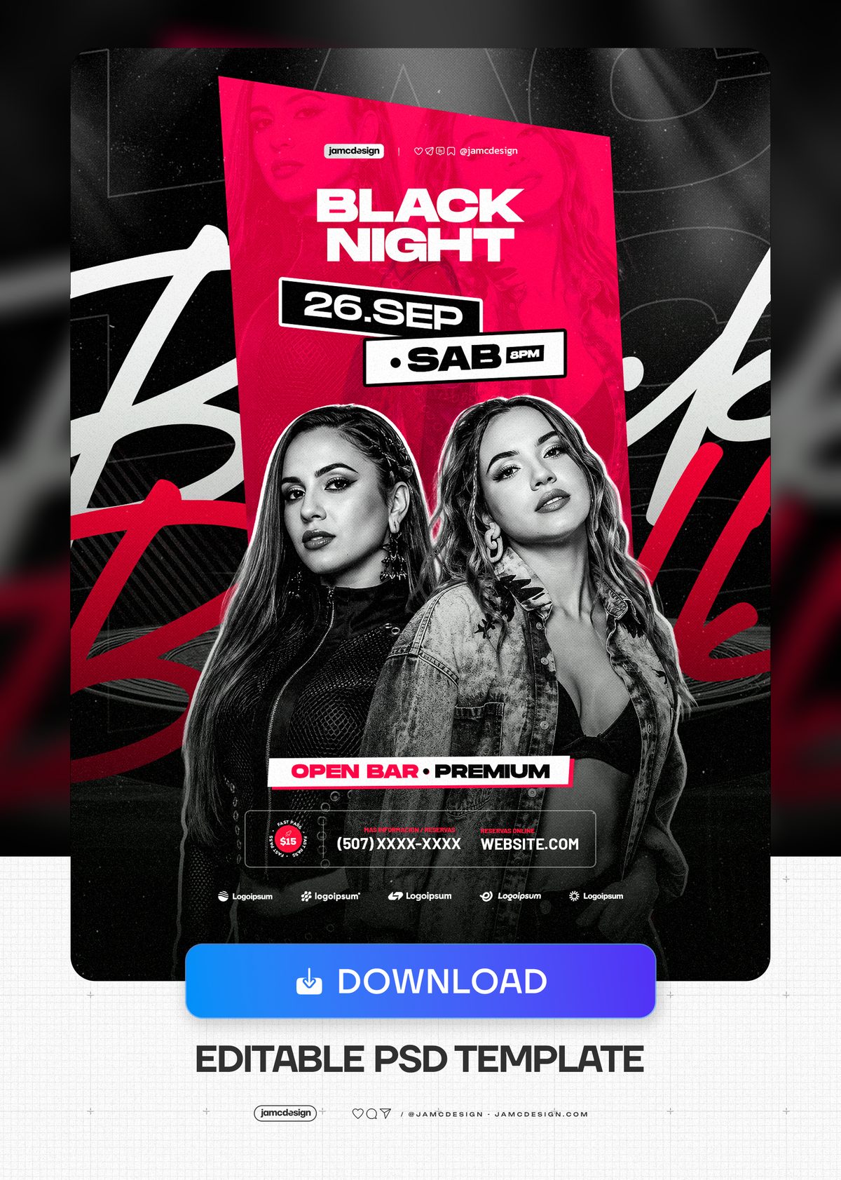 Black Night Magenta Woman Portraits Event Flyer PSD. Editable PSD event flyer template featuring two women in grayscale portraits — Additional preview