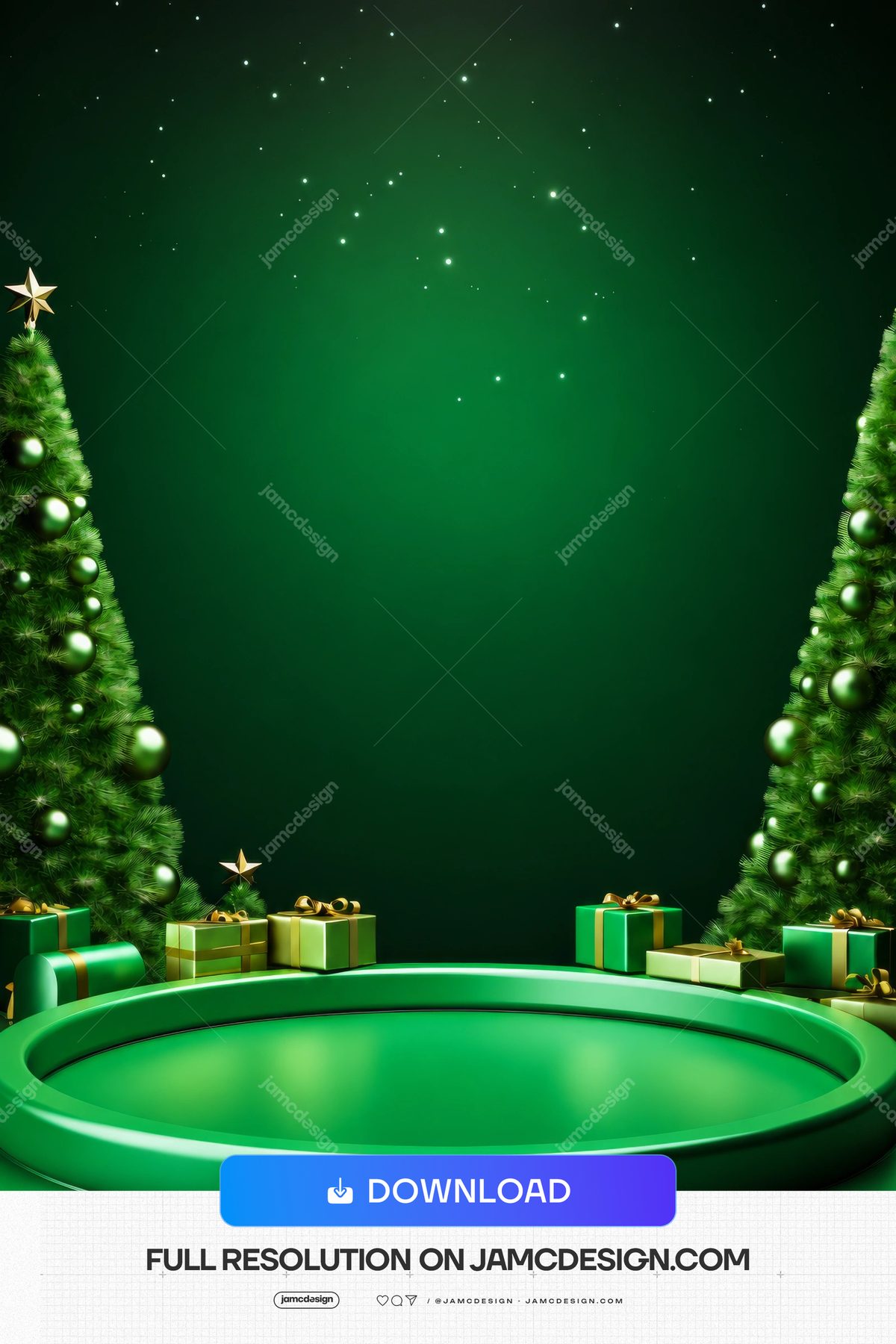 Green Christmas Background With Circular Stage PNG. This Christmas PNG background frames a glowing green circular stage with decorated evergreen trees — Additional preview