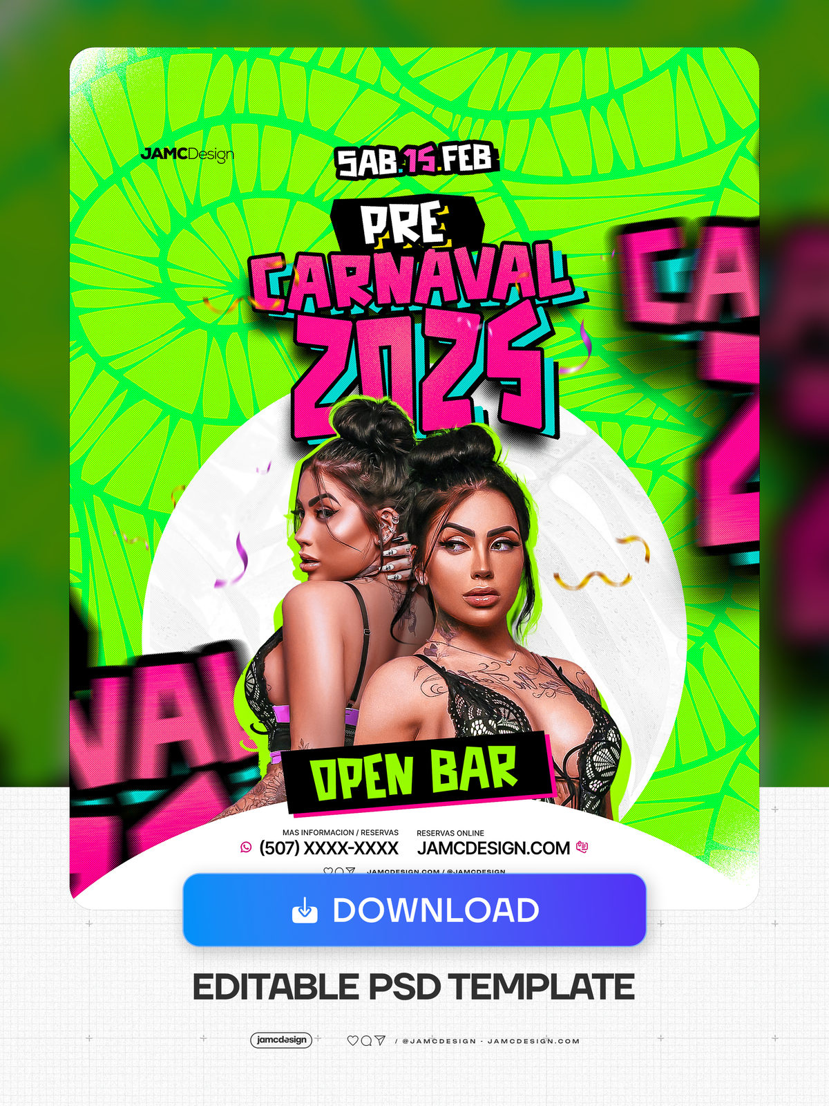 Pre Carnaval Party Flyer Template PSD. Editable PSD template for a pre-carnival event flyer, featuring a vibrant green web-pattern background — Additional preview