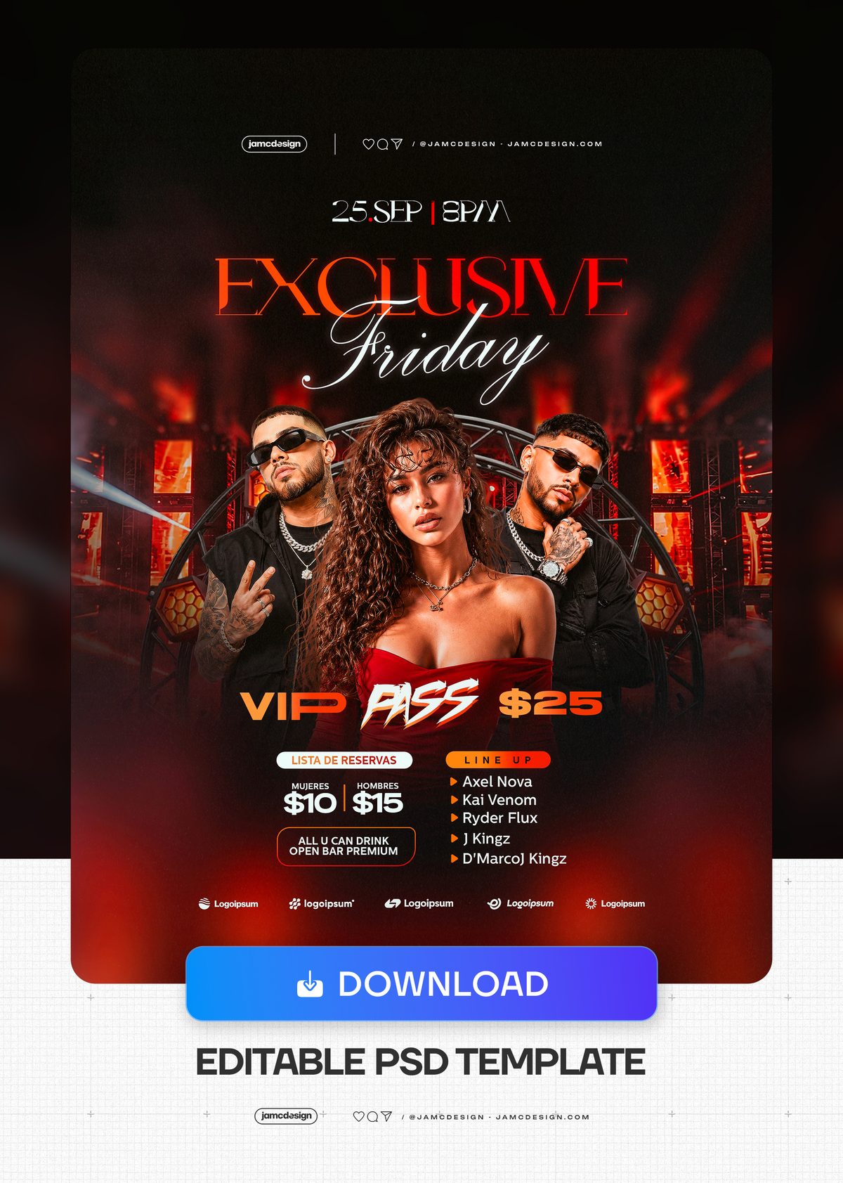 Red Friday Party Flyer Template PSD. Download this editable PSD event flyer featuring a woman and two men in a dark nightclub scene, with red stage lighting — Additional preview