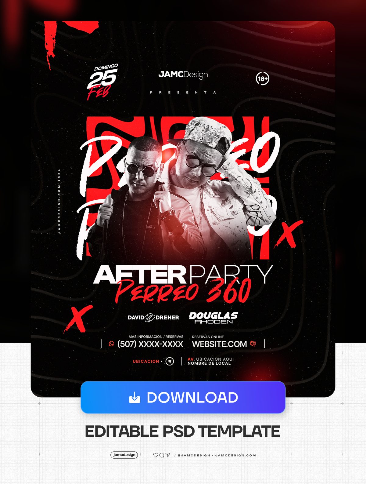 After Party Flyer Template PSD. Editable PSD template for an after-party flyer featuring two men in sunglasses and caps posed against a dark background — Additional preview