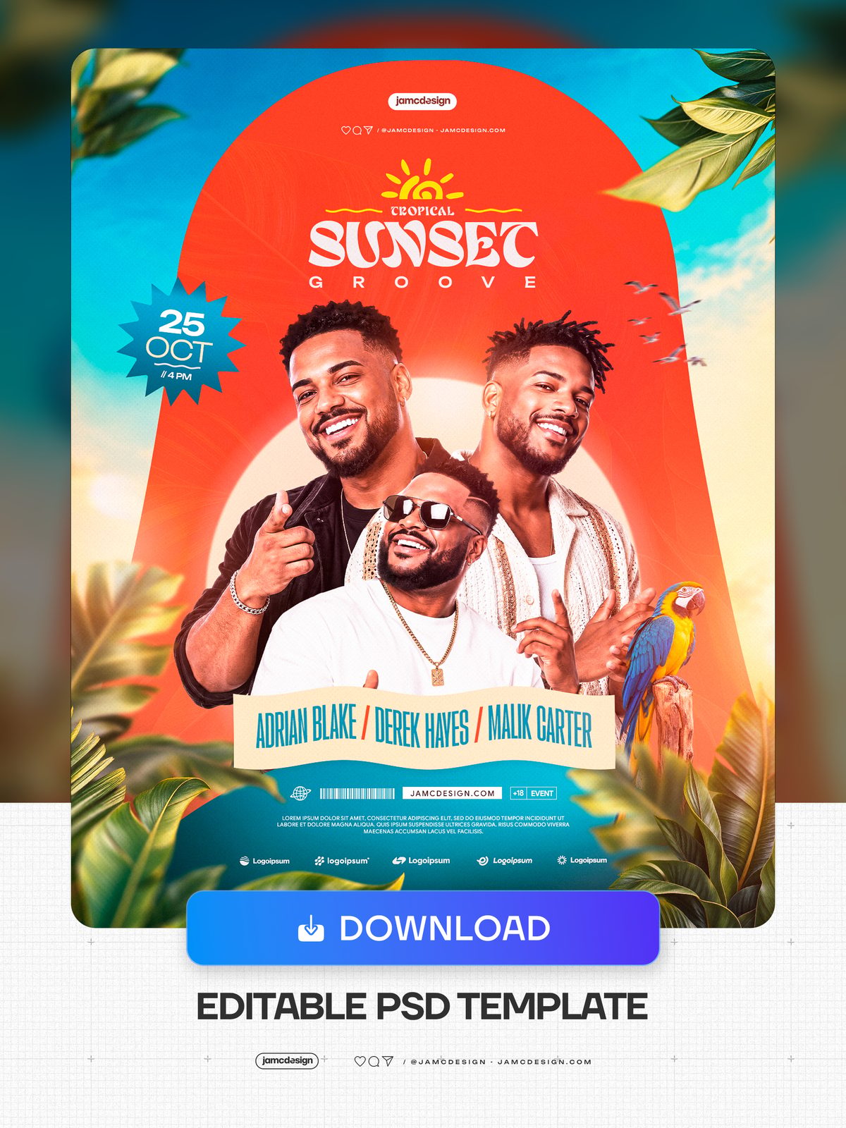 Tropical Sunset Groove Flyer Template PSD. Download this editable PSD event flyer featuring three smiling male figures framed by a bold coral sunset arch — Additional preview